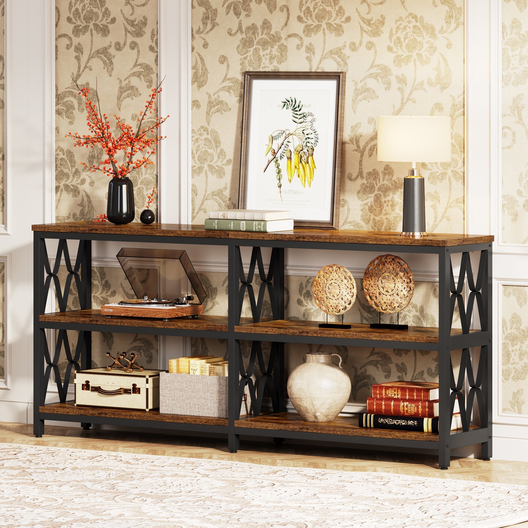 3-Tier Console Table, 180 cm Industrial Sofa Foyer Table for Living Room