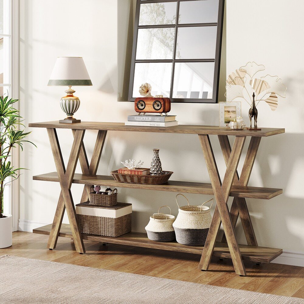 3-Tier Console Table, Farmhouse Hallway Table with Storage Shelves (in cm)