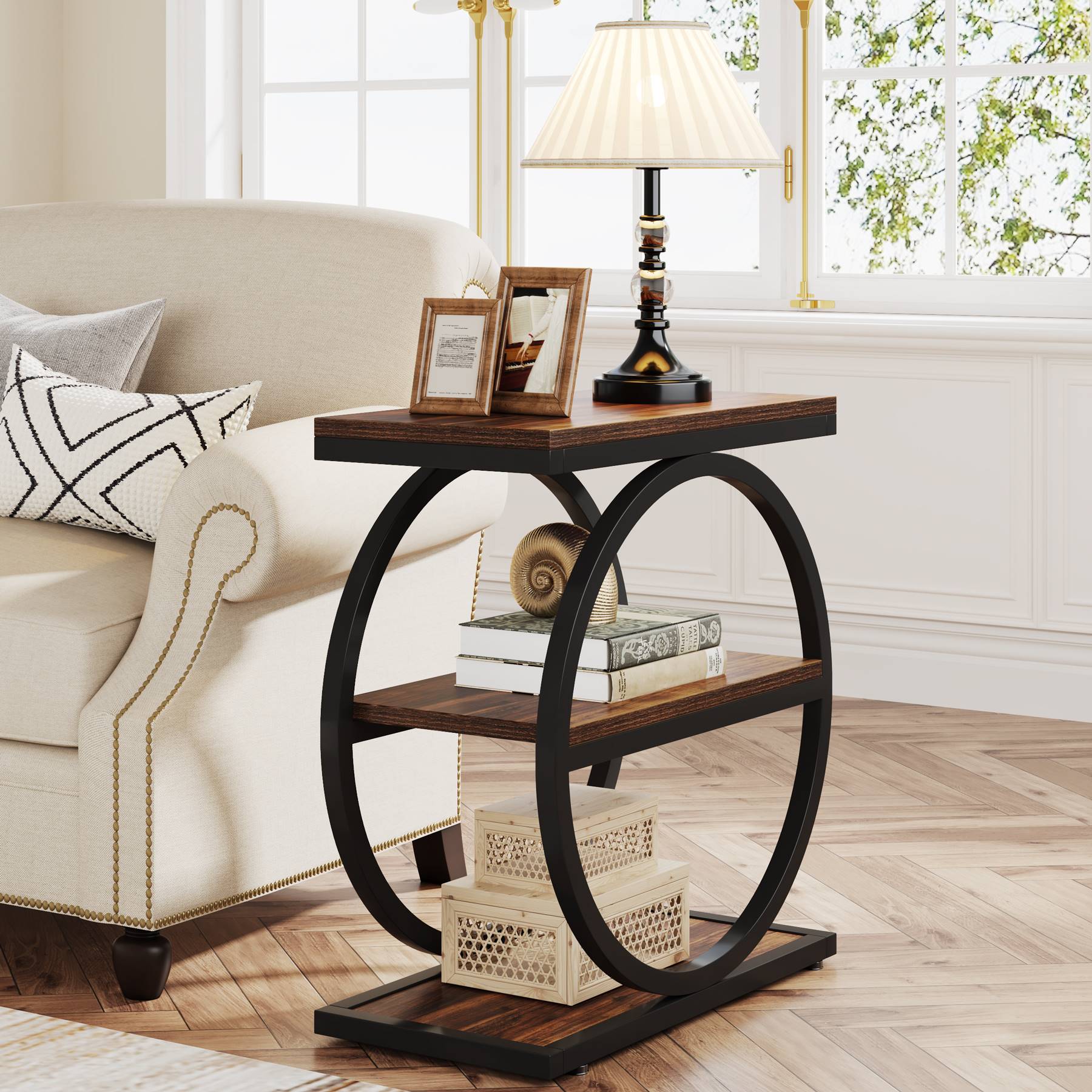 3-Tier End Table, Industrial Sofa Side Table with Round Metal Frame