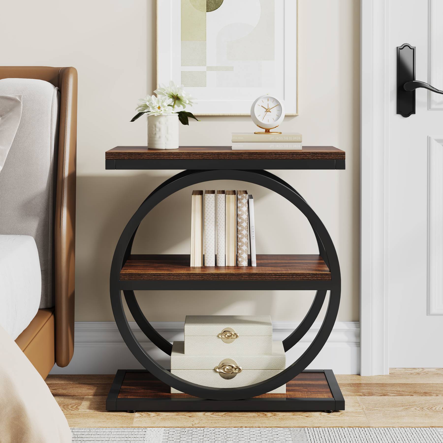 3-Tier End Table, Industrial Sofa Side Table with Round Metal Frame