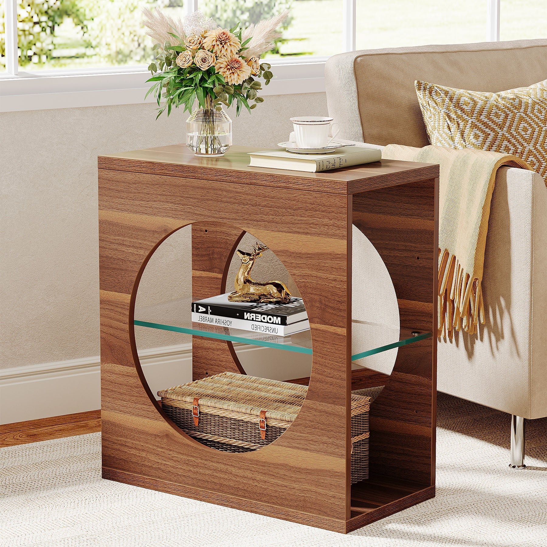 3-Tier End Table, Modern Side Table with Adjustable Glass Storage Shelf