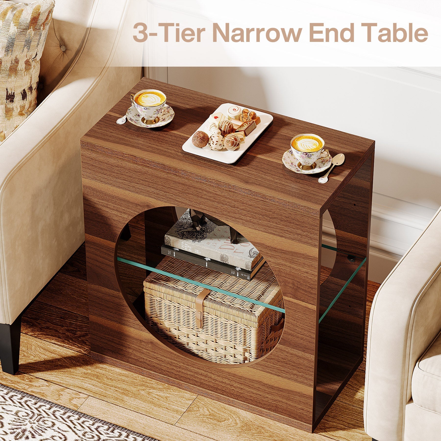 3-Tier End Table, Modern Side Table with Adjustable Glass Storage Shelf