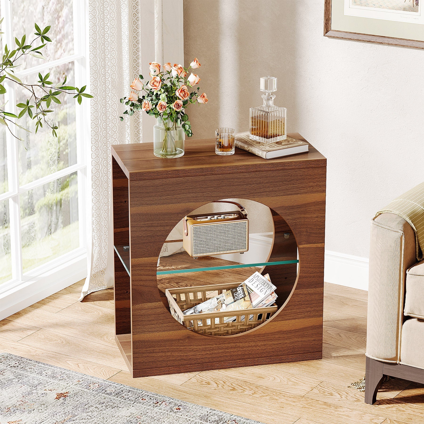 3-Tier End Table, Modern Side Table with Adjustable Glass Storage Shelf