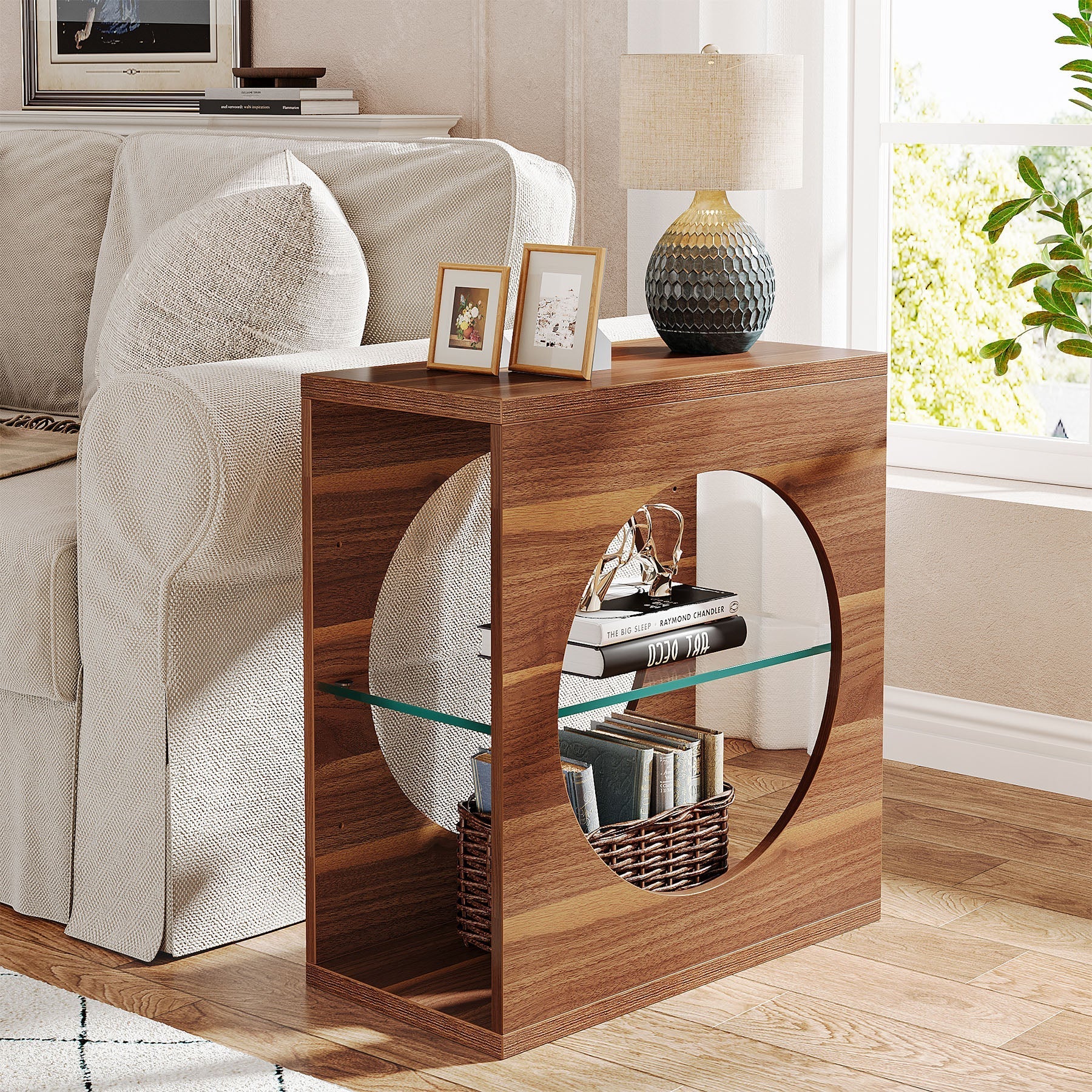 3-Tier End Table, Modern Side Table with Adjustable Glass Storage Shelf