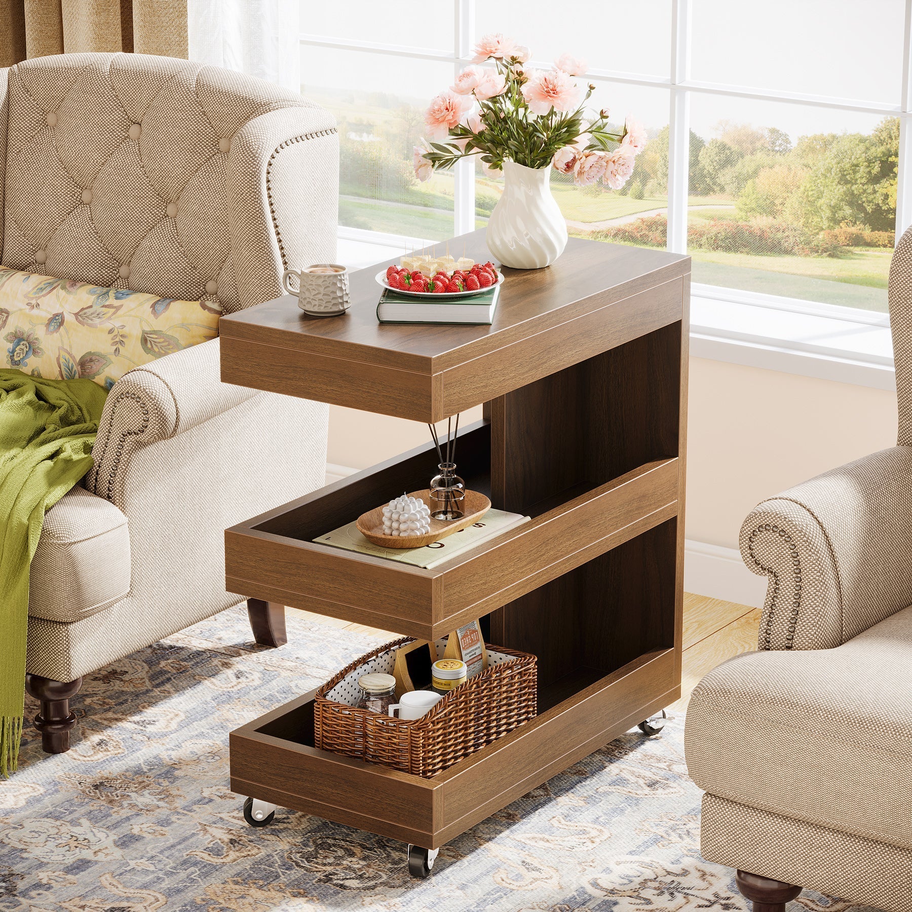 3-Tier End Table, Rolling Side Table Sofa Snack Table With Storage