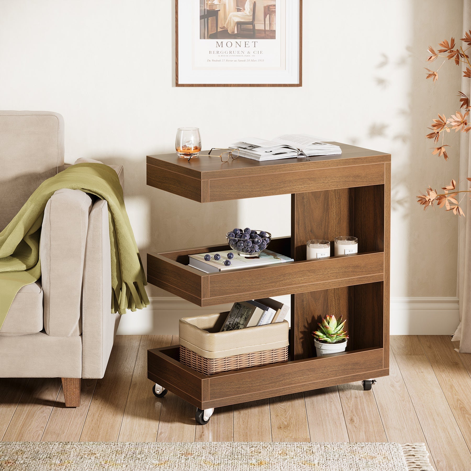 3-Tier End Table, Rolling Side Table Sofa Snack Table With Storage