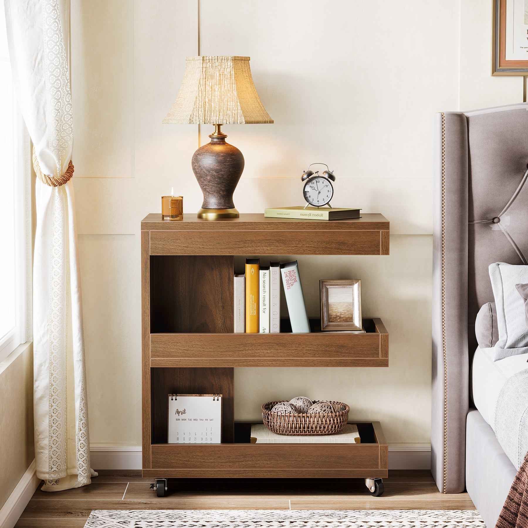 3-Tier End Table, Rolling Side Table Sofa Snack Table With Storage