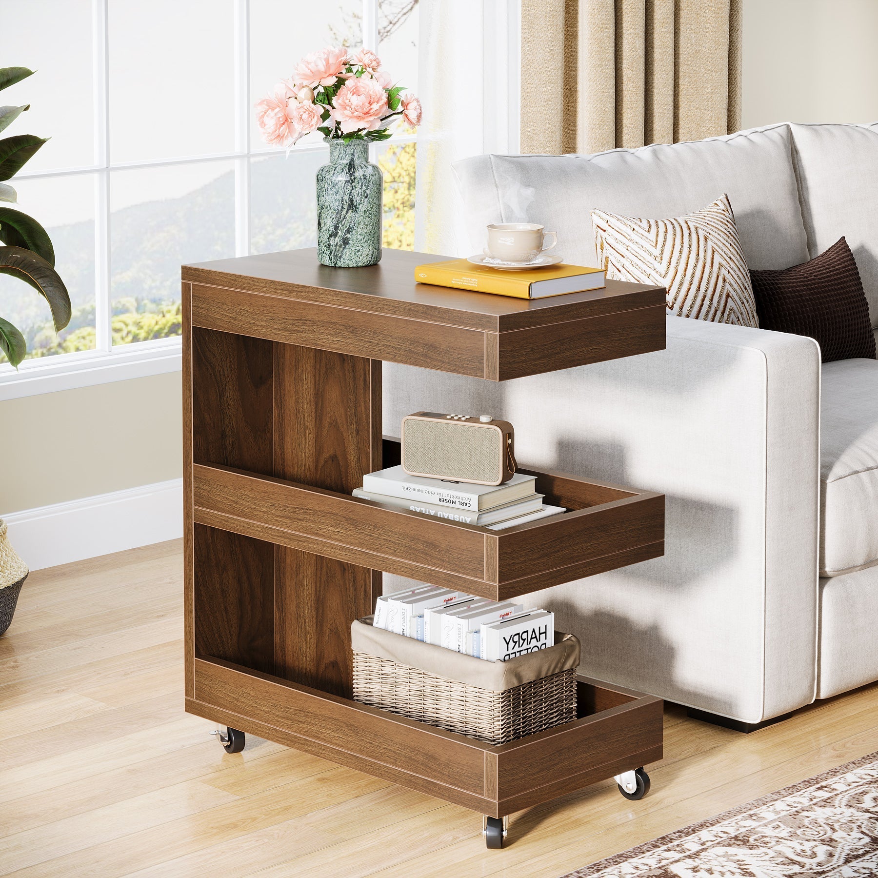 3-Tier End Table, Rolling Side Table Sofa Snack Table With Storage