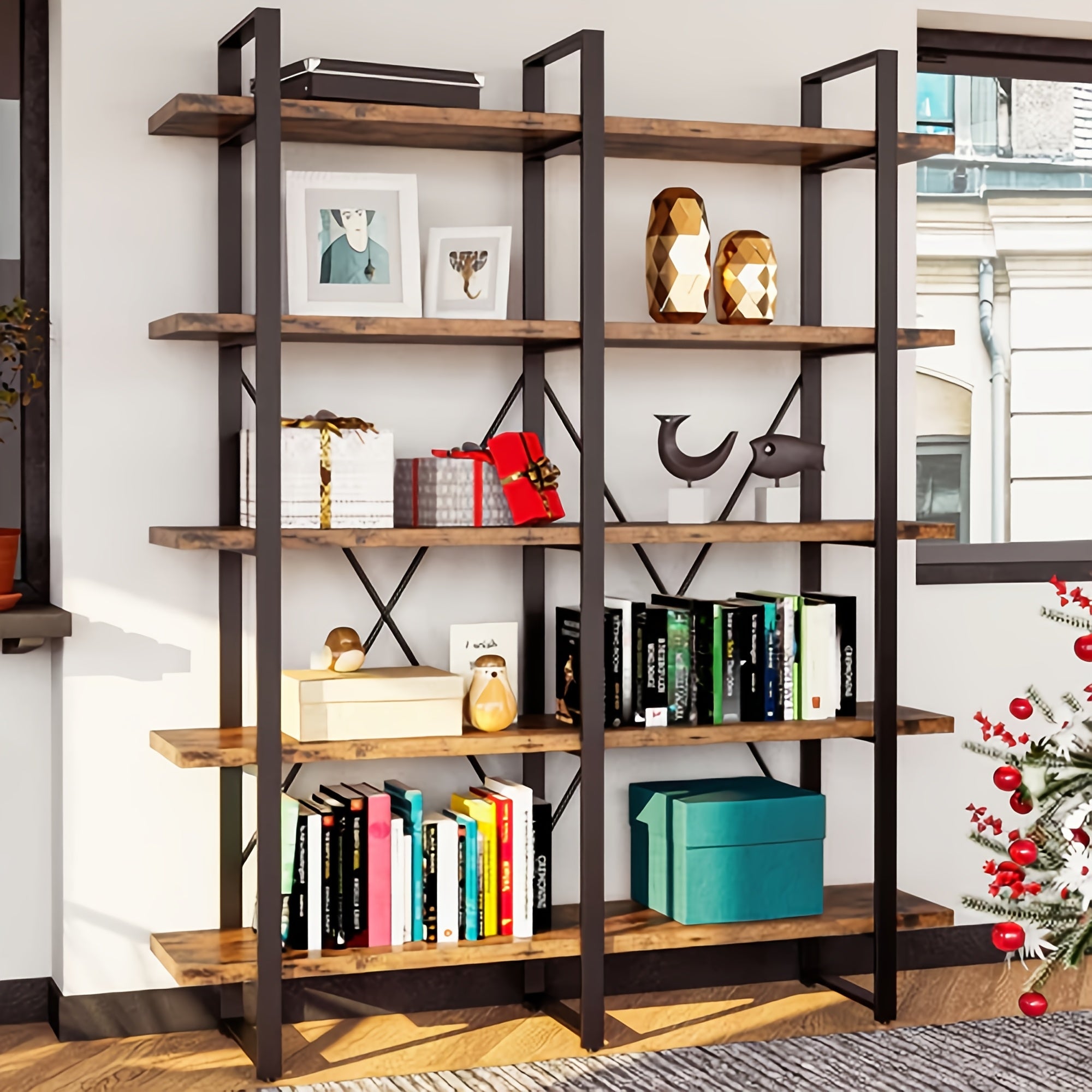 5-Tier Industrial Bookshelf, Double Width, Wood and Metal, Rustic Brown Finish - Ideal for Home Office & Living Room Decor, Easy to Assemble, Festive Holiday Display Shelving, Bookshelf Decorations, Best for Christmas