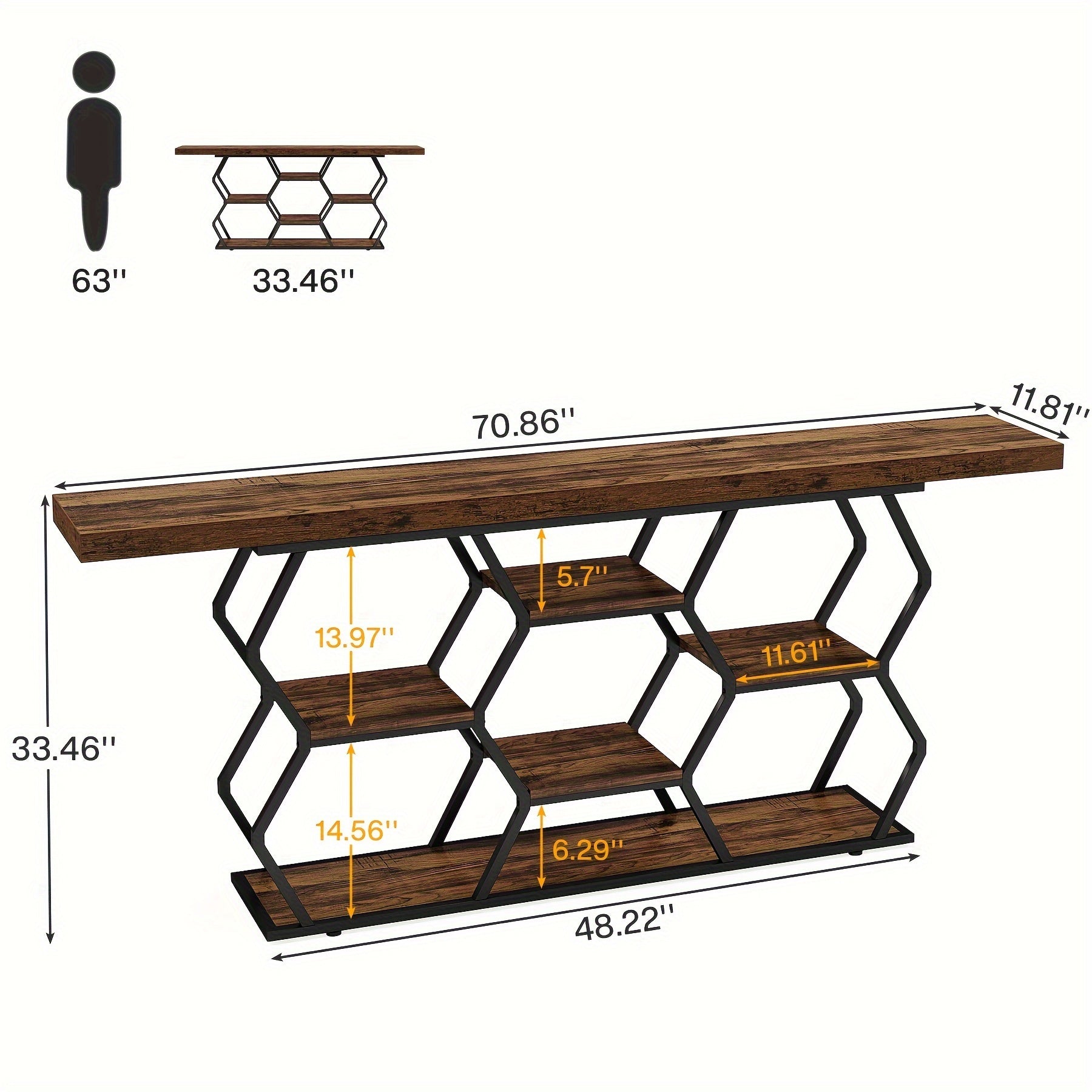 180 cm Extra Long Console Table With Shelves, Narrow Sofa Table Behind Couch With Storage, Industrial Entryway Table TV Stand Accent Table For Living Room Hallway Foyer, Rustic Brown & Black