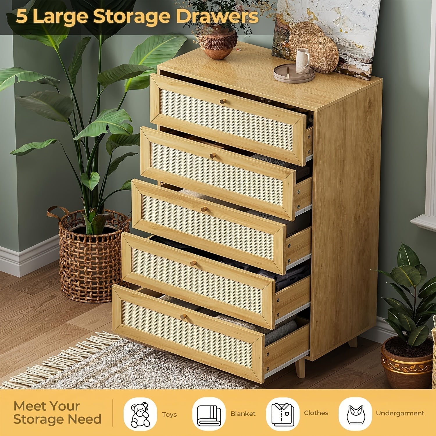 Modern Tall Bedroom Dresser Rattan Dresser For Bedroom With 5 Drawer Chest Of Drawers For Living Room