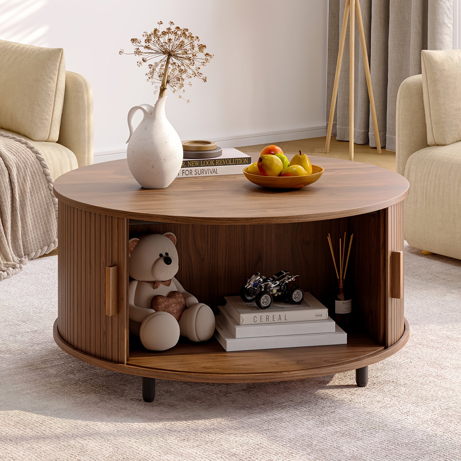 Modern Round Coffee Table with Storage, Solid Wood & Metal Frame, Engineered Wood Top, Space-Saving Design, Hardwood Construction, with Grooved Walnut Finish for Living Room