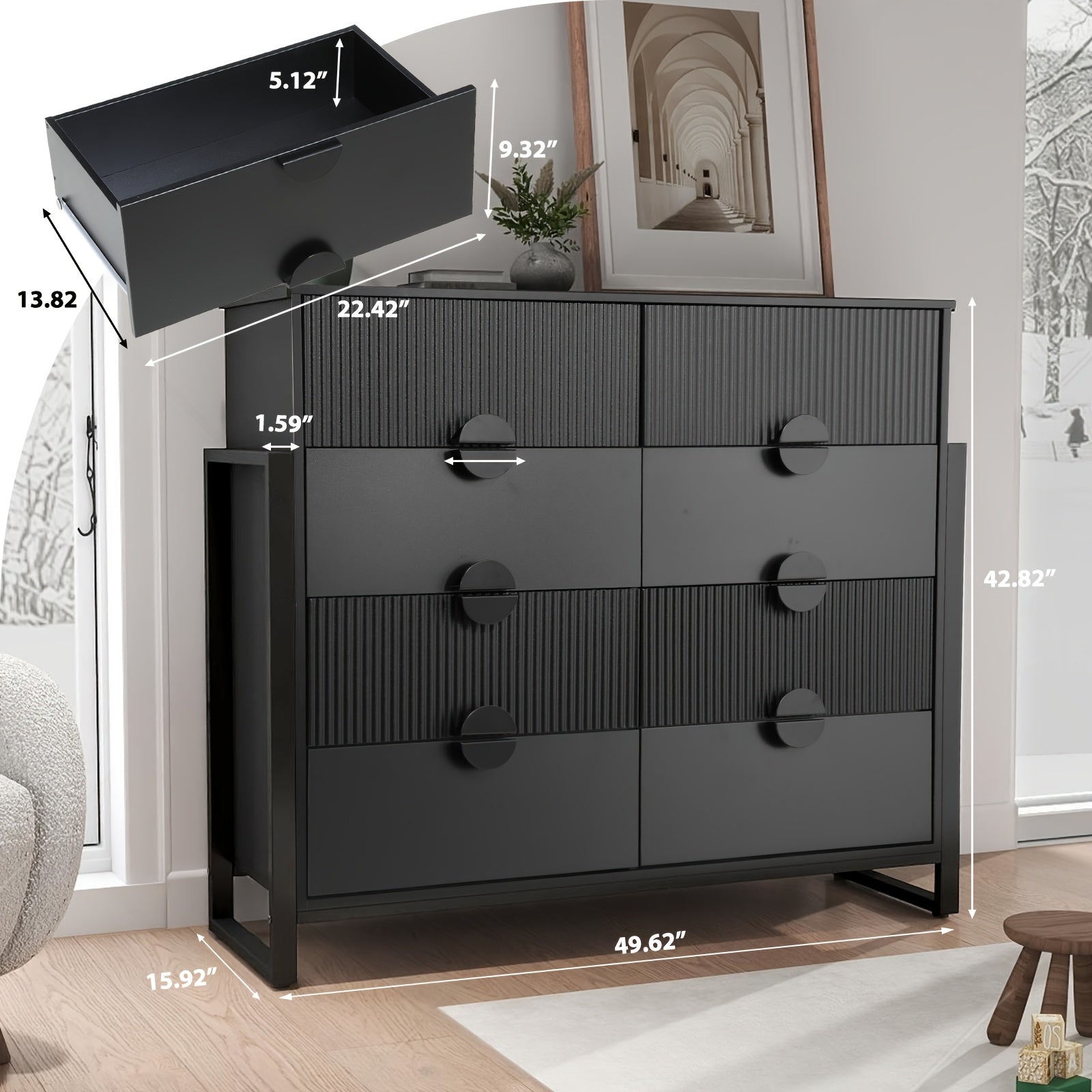 Dressers for Bedroom, 4/8 storage compartment Dresser Chest Of Drawers with Metal Frame, Storage Organizer Unit with Fluted Panel for Living Room, Hallway