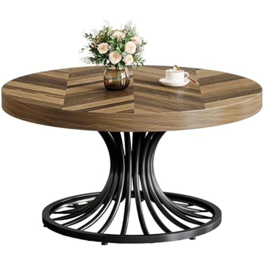 Round Coffee Table for Living Room, 82cm Small Wood Coffee Table with Stylish Metal Pedestal, Industrial Wooden Accent Center Table for Small Spaces, Home Office, Rustic Brown and Black