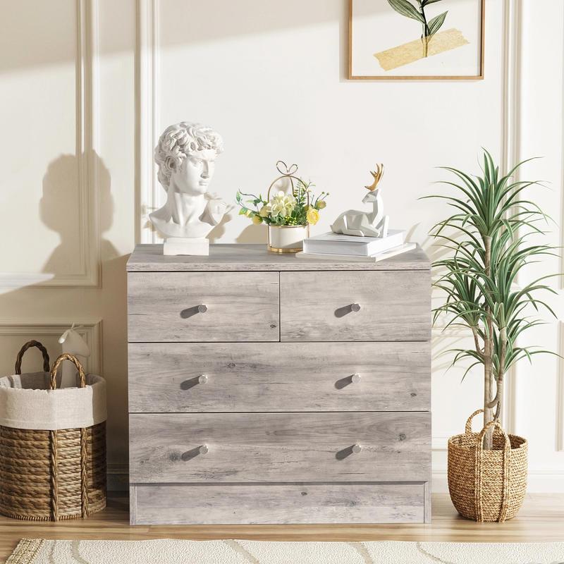 Chic Gray 4-Drawer Dresser - Solid Hardwood Nightstand with Storage, Perfect for Bedroom & Living Room, Simple