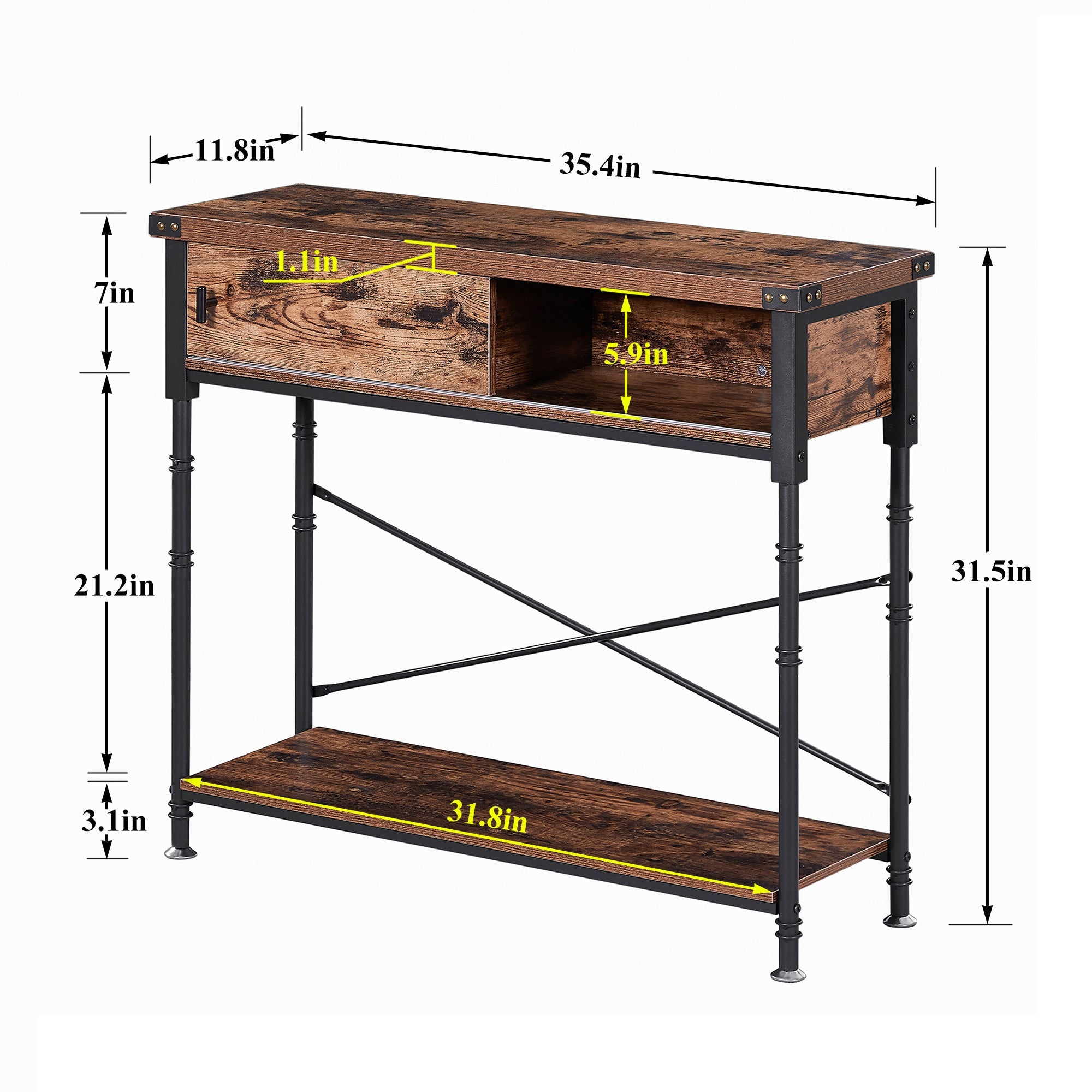 90 cm Console Table with Slide Drawer and Storage Shelf, Stable Metal Frame, Brown