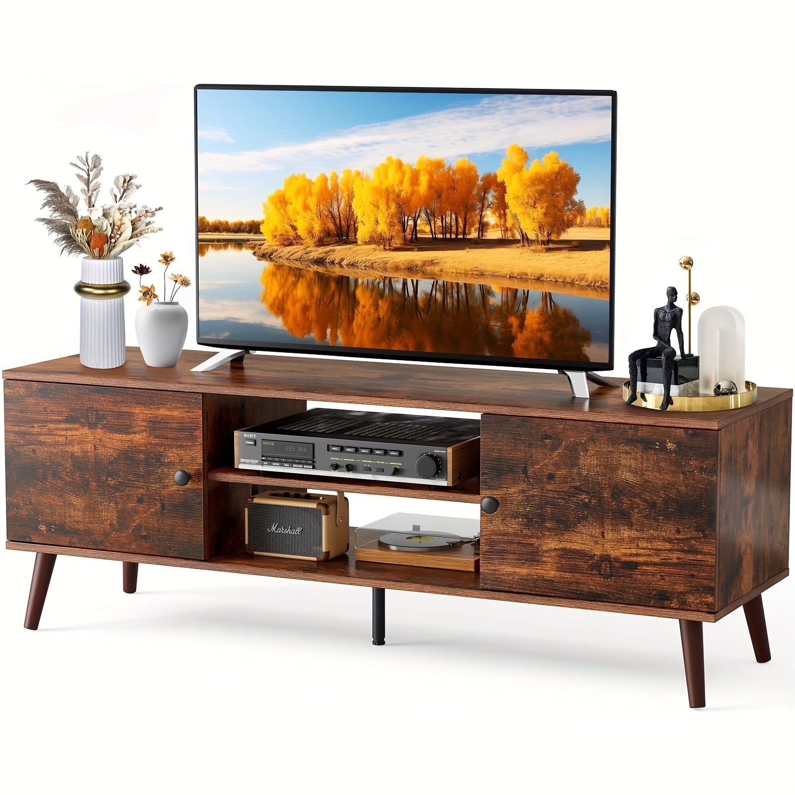 Mid-Century Modern TV Stand With Storage, Entertainment Center For 140-152cm TV, Media Console Table With Adjustable Shelf, Wooden TV Cabinet For Living Room, Bedroom Or Office, 2 Cabinet Television Stand