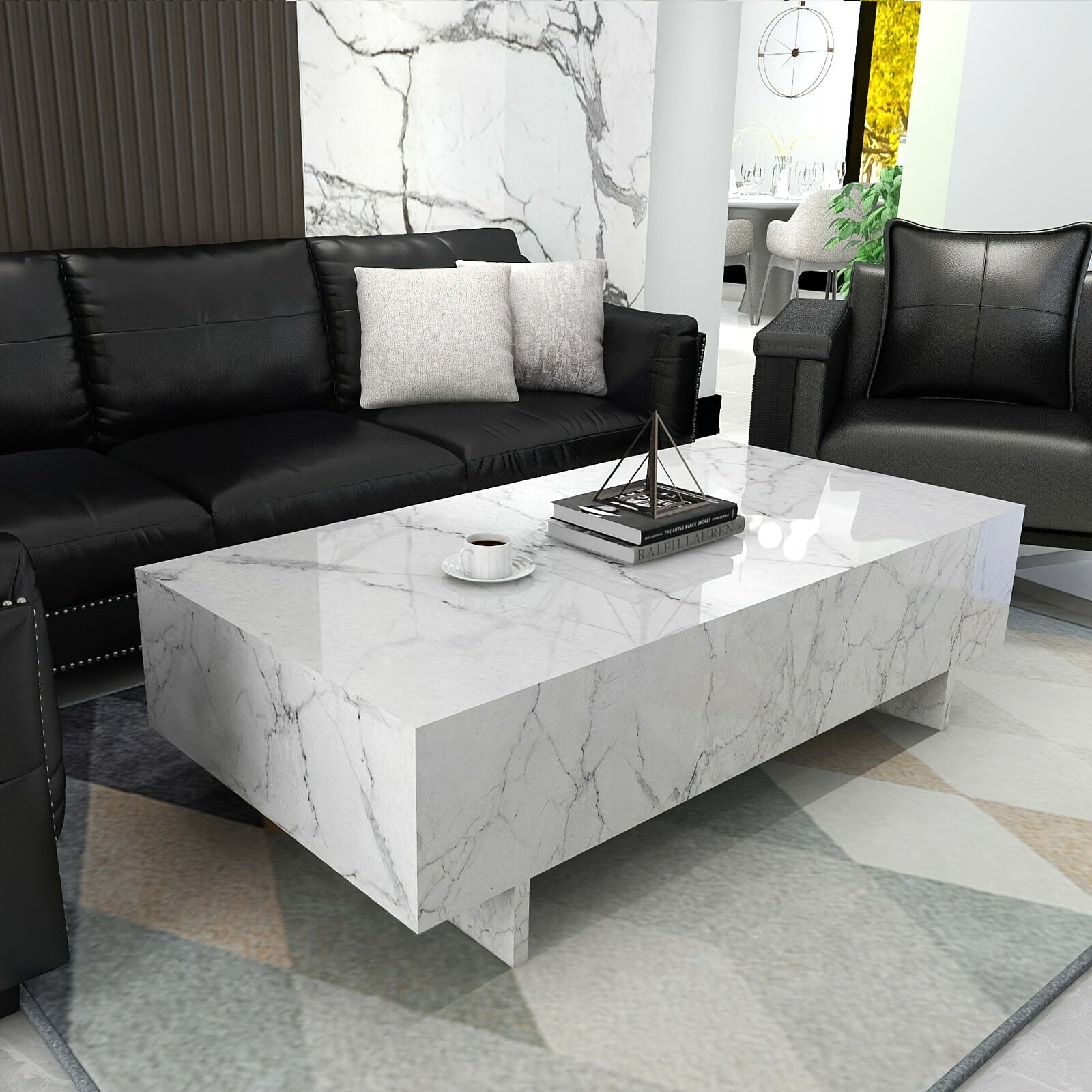 101cm Marble White Cool Coffee Table For Living Room, Rectangular Glossy Smart Contemporary Center Table For Waiting Area