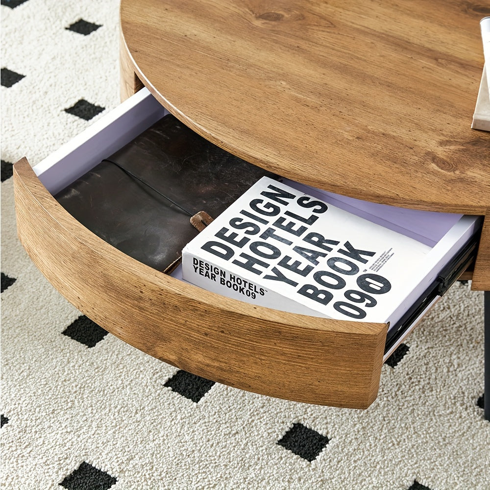 Chic Round Coffee Table with Wood Grain Top & Metal Legs - Includes Storage, Perfect for Living Room or Tea House Decor