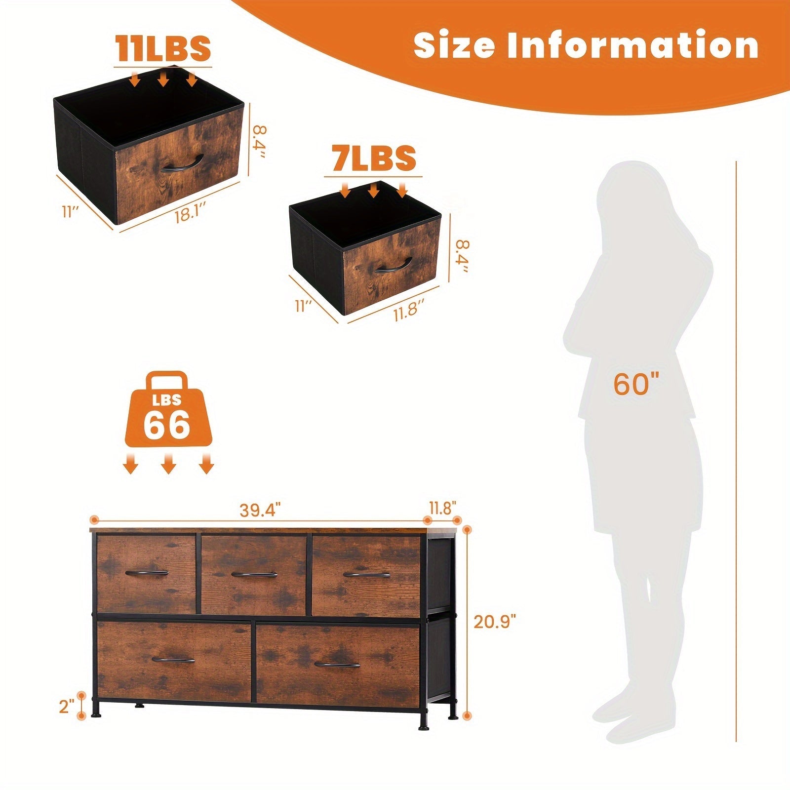 Dresser for Bedroom with 5 Fabric Drawers, Small Chest Organizer Units for Clothing, Closet, Storage Tower with Cabinet, Metal Frame, Wooden Top, Lightweight Furniture For Lab