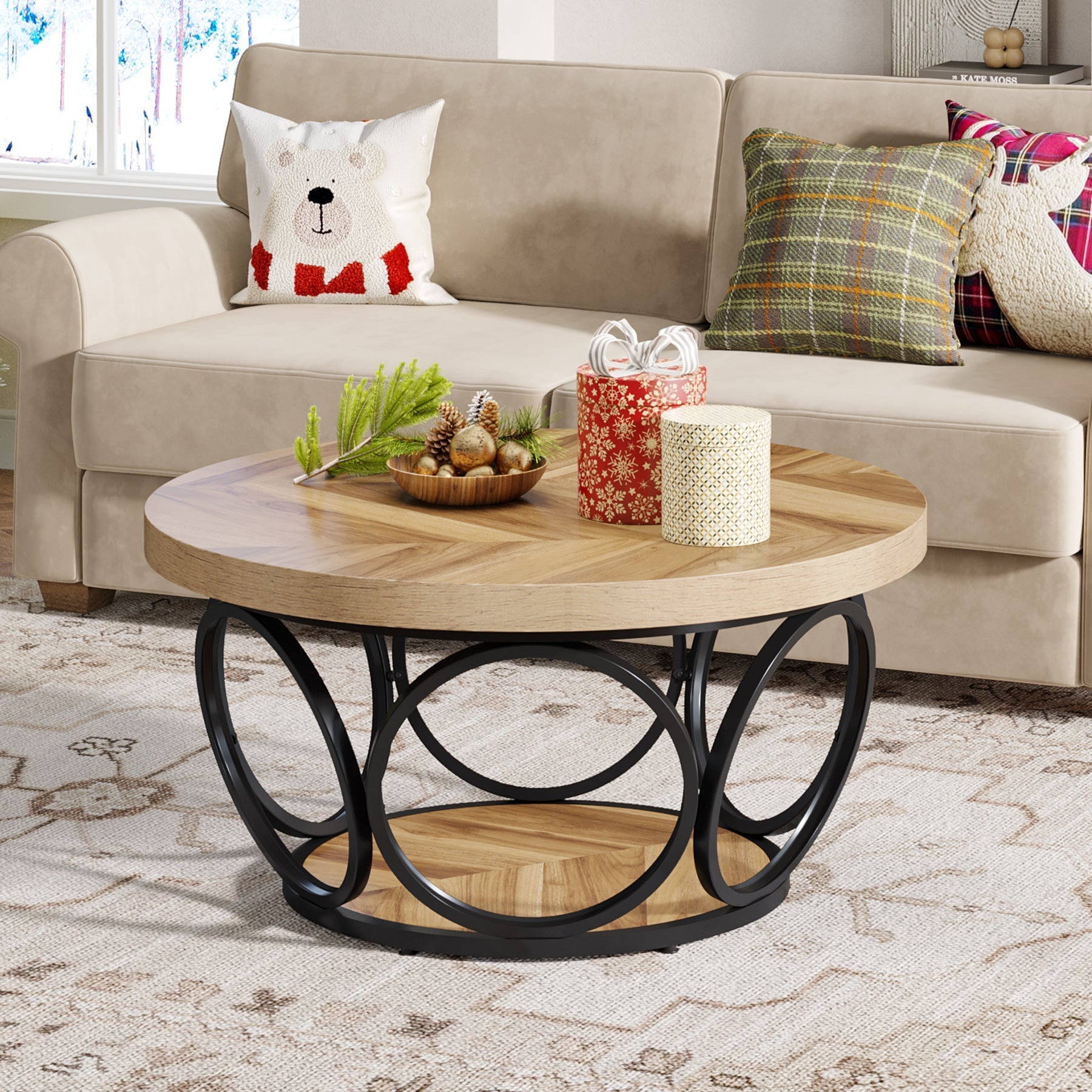 80 cm Coffee Table, Farmhouse Center Table Tea Table with 2-Tier Storage