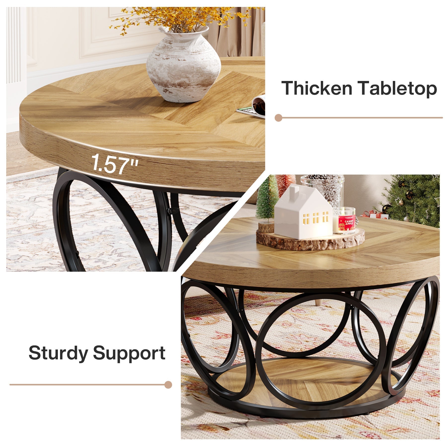 80 cm Coffee Table, Farmhouse Center Table Tea Table with 2-Tier Storage