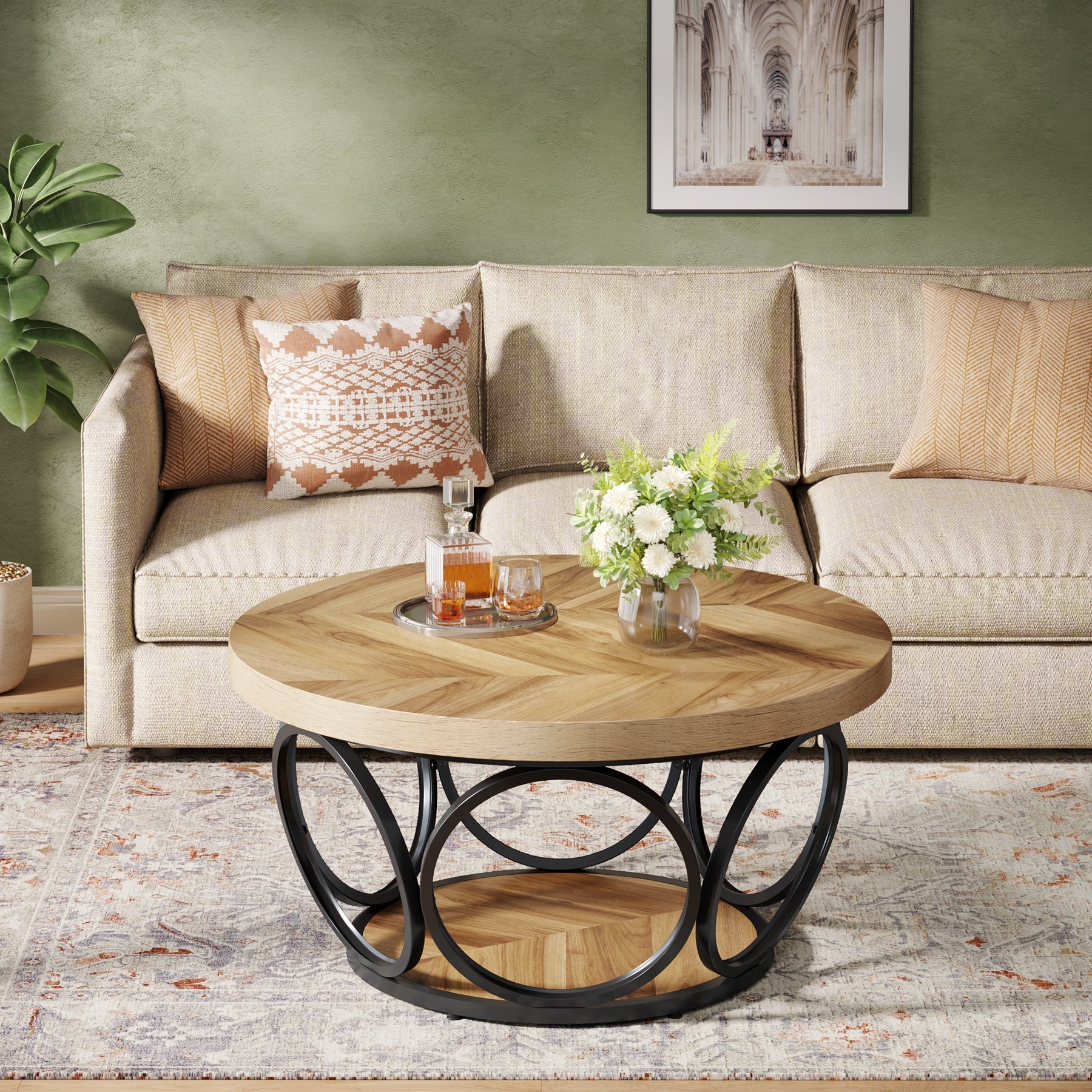 80 cm Coffee Table, Farmhouse Center Table Tea Table with 2-Tier Storage