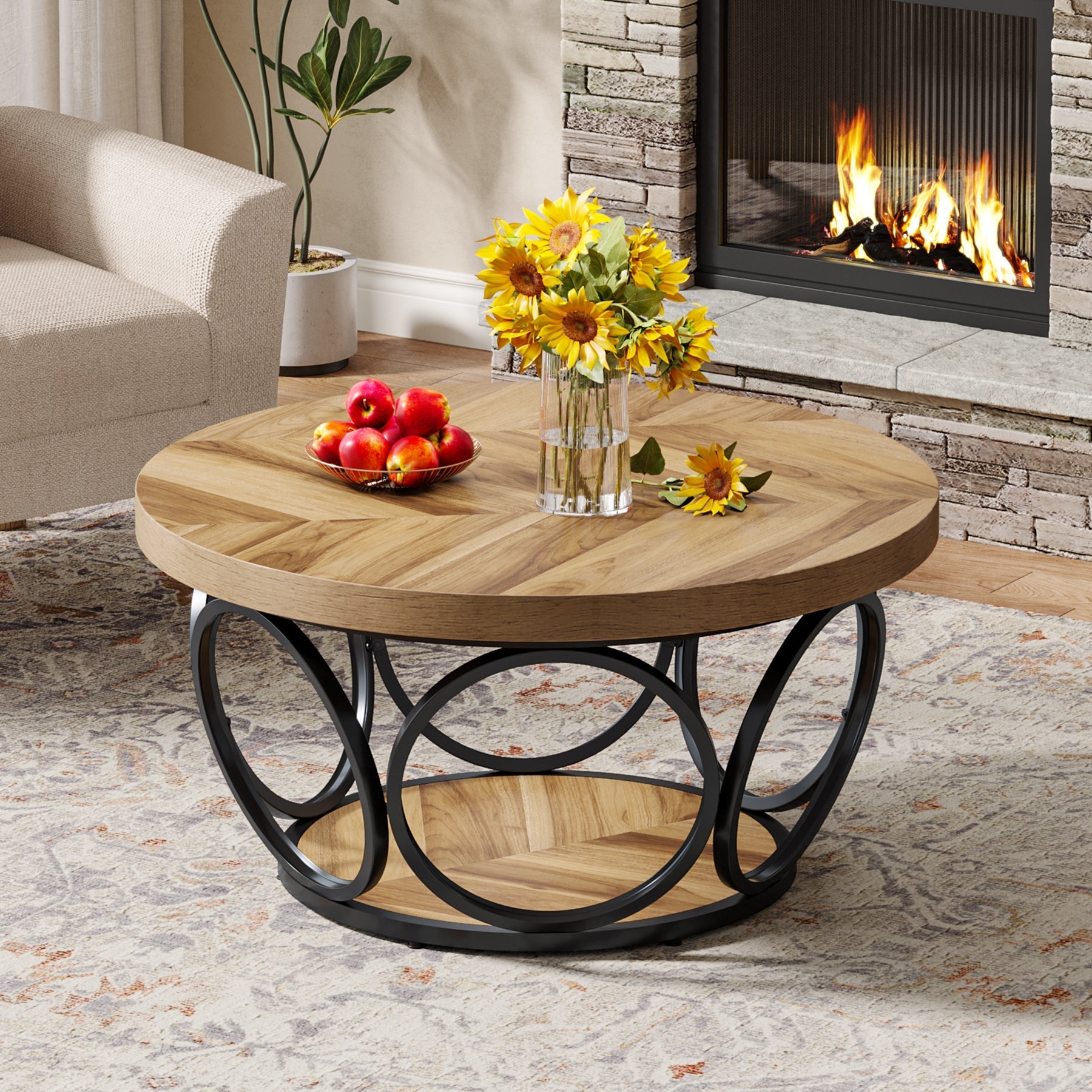 80 cm Coffee Table, Farmhouse Center Table Tea Table with 2-Tier Storage