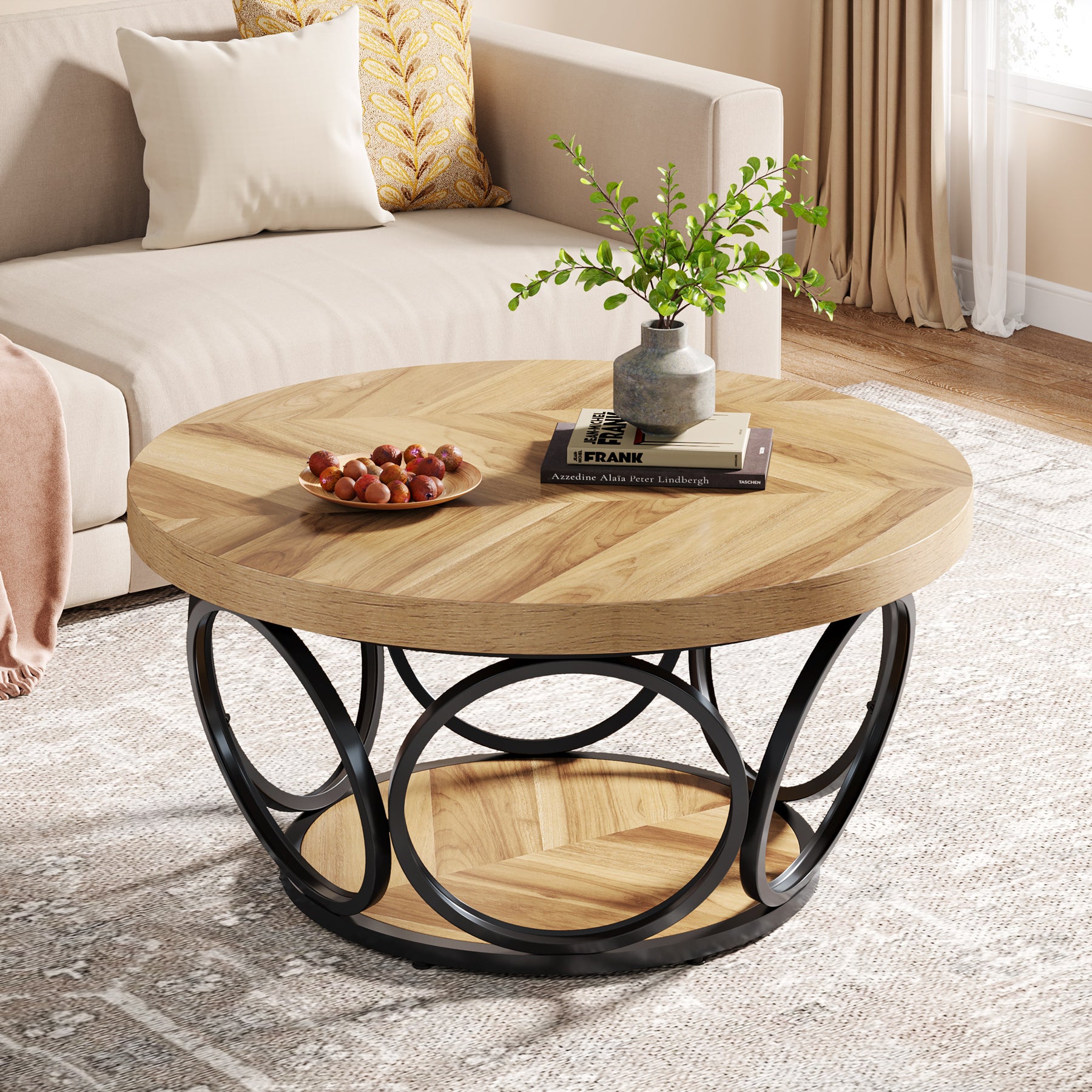 80 cm Coffee Table, Farmhouse Center Table Tea Table with 2-Tier Storage