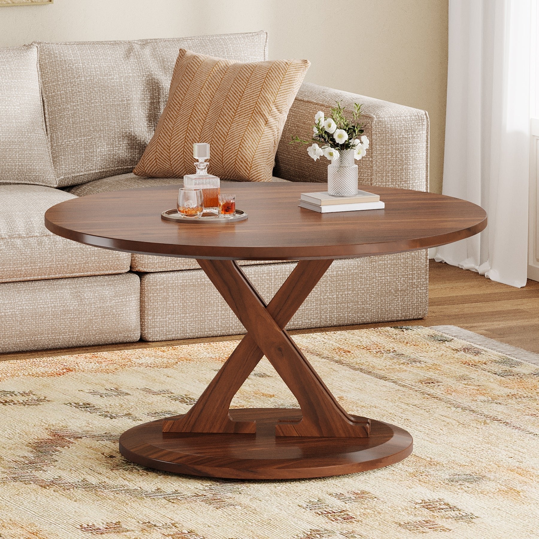 80 cm Coffee Table, Mid-Century Accent Center Table with X-Shaped Base