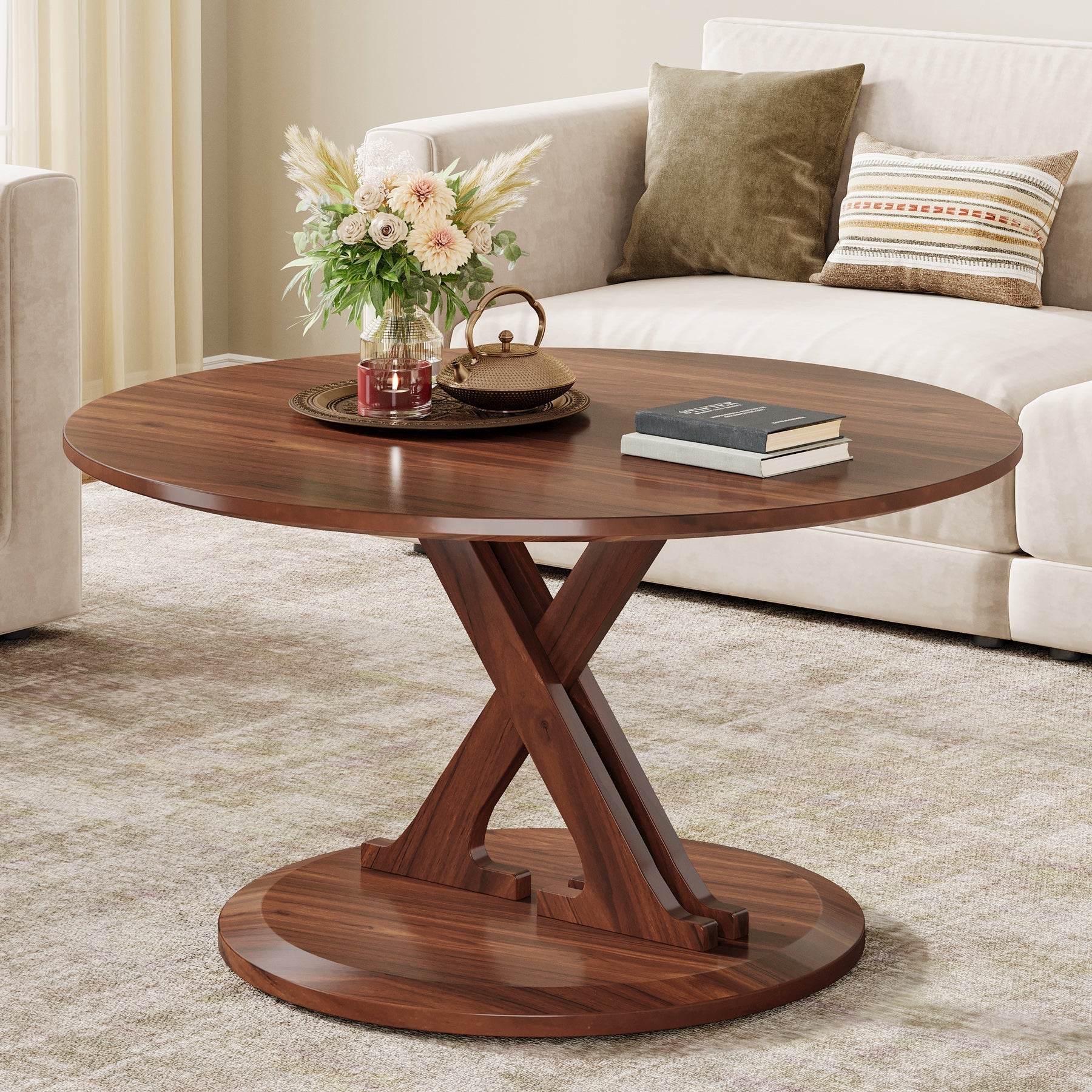 80 cm Coffee Table, Mid-Century Accent Center Table with X-Shaped Base