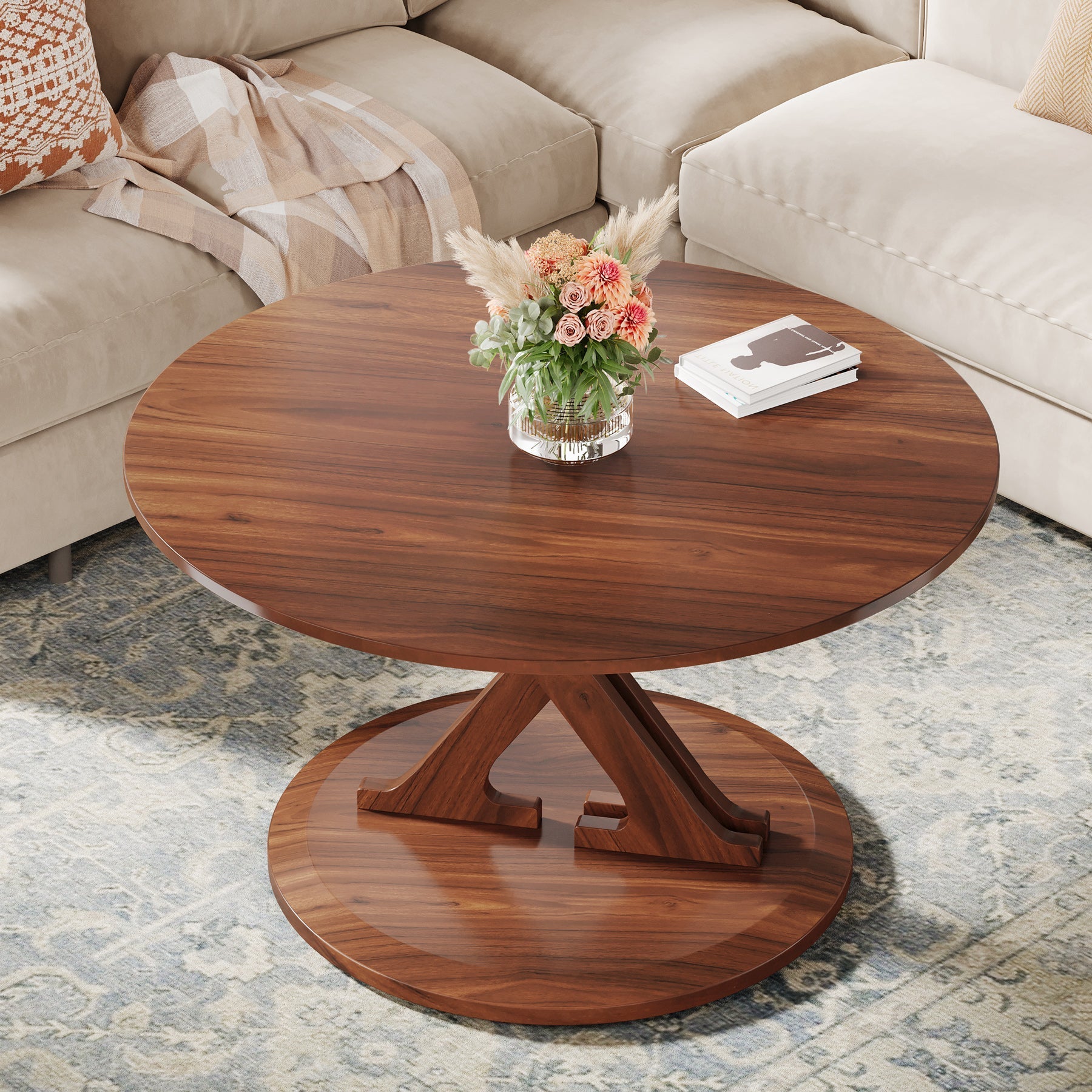 80 cm Coffee Table, Mid-Century Accent Center Table with X-Shaped Base