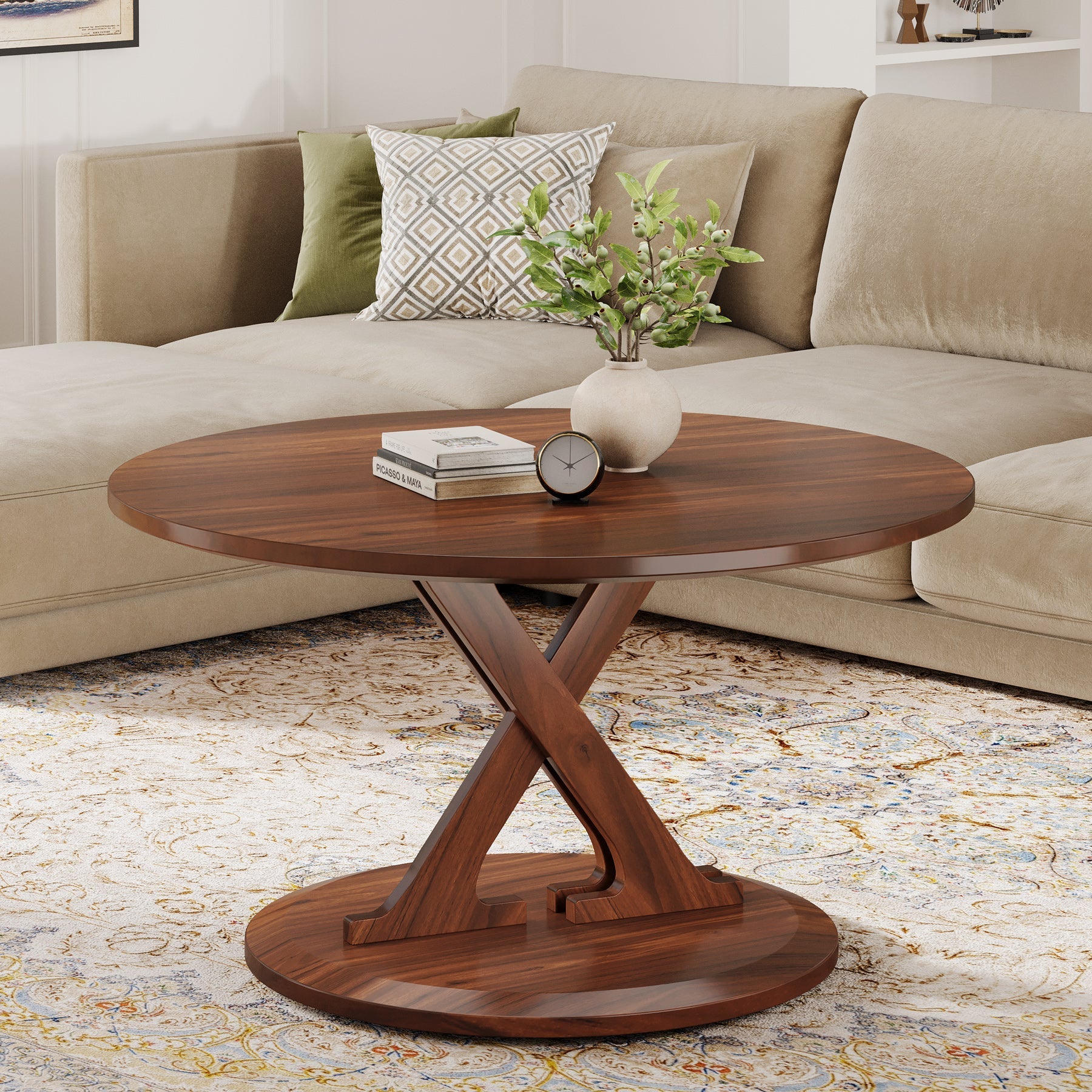 80 cm Coffee Table, Mid-Century Accent Center Table with X-Shaped Base