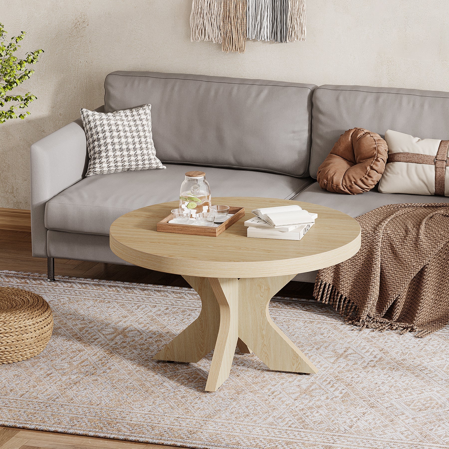 80 cm Wood Coffee Table, Round Center Table with Double X-Shaped Base