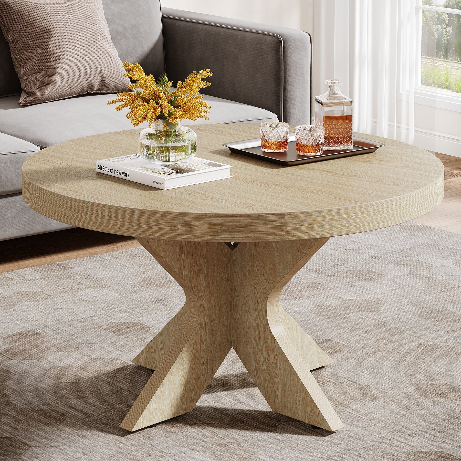 80 cm Wood Coffee Table, Round Center Table with Double X-Shaped Base