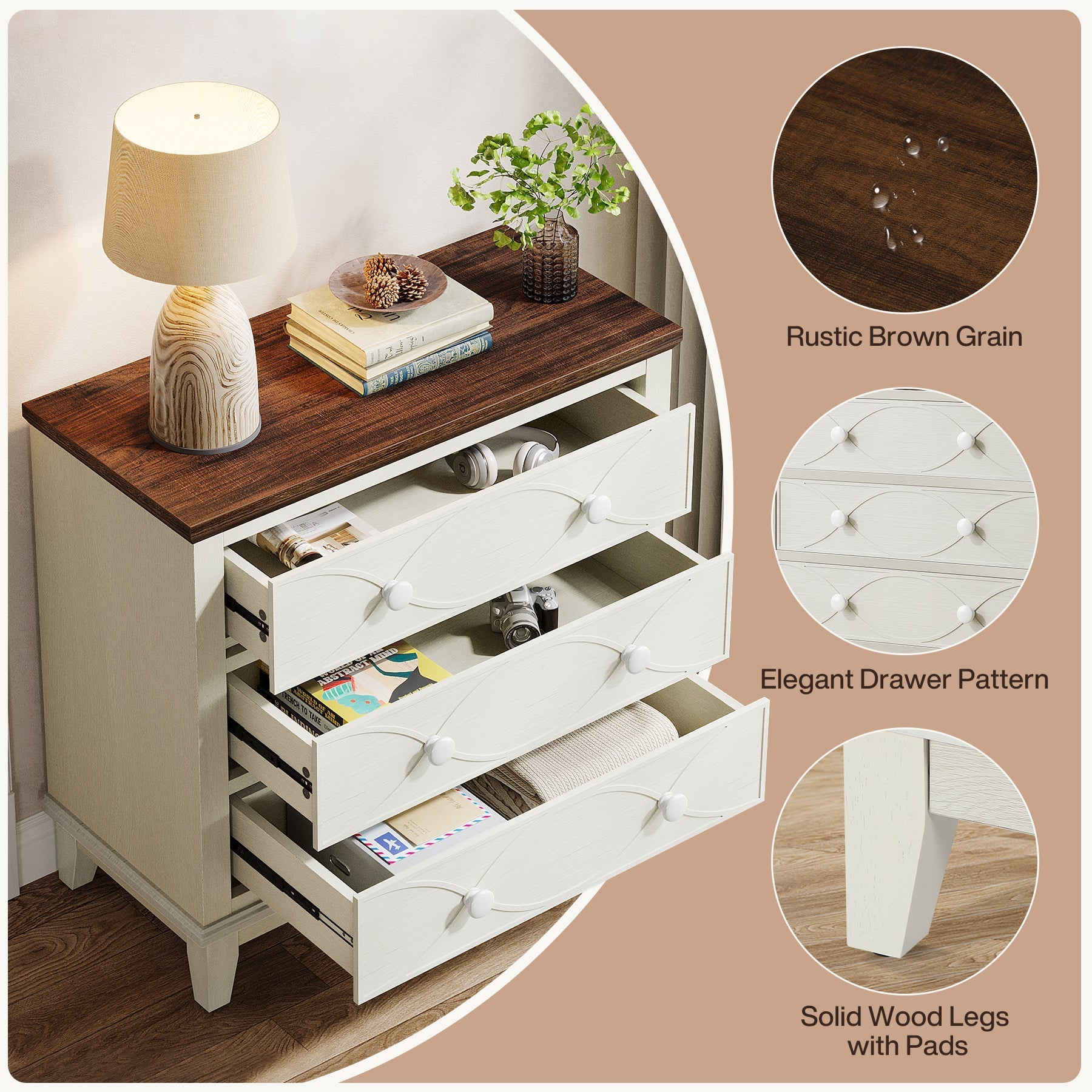 80 cm Wood Nightstand, 3 Drawers Farmhouse End Table Bedside Table