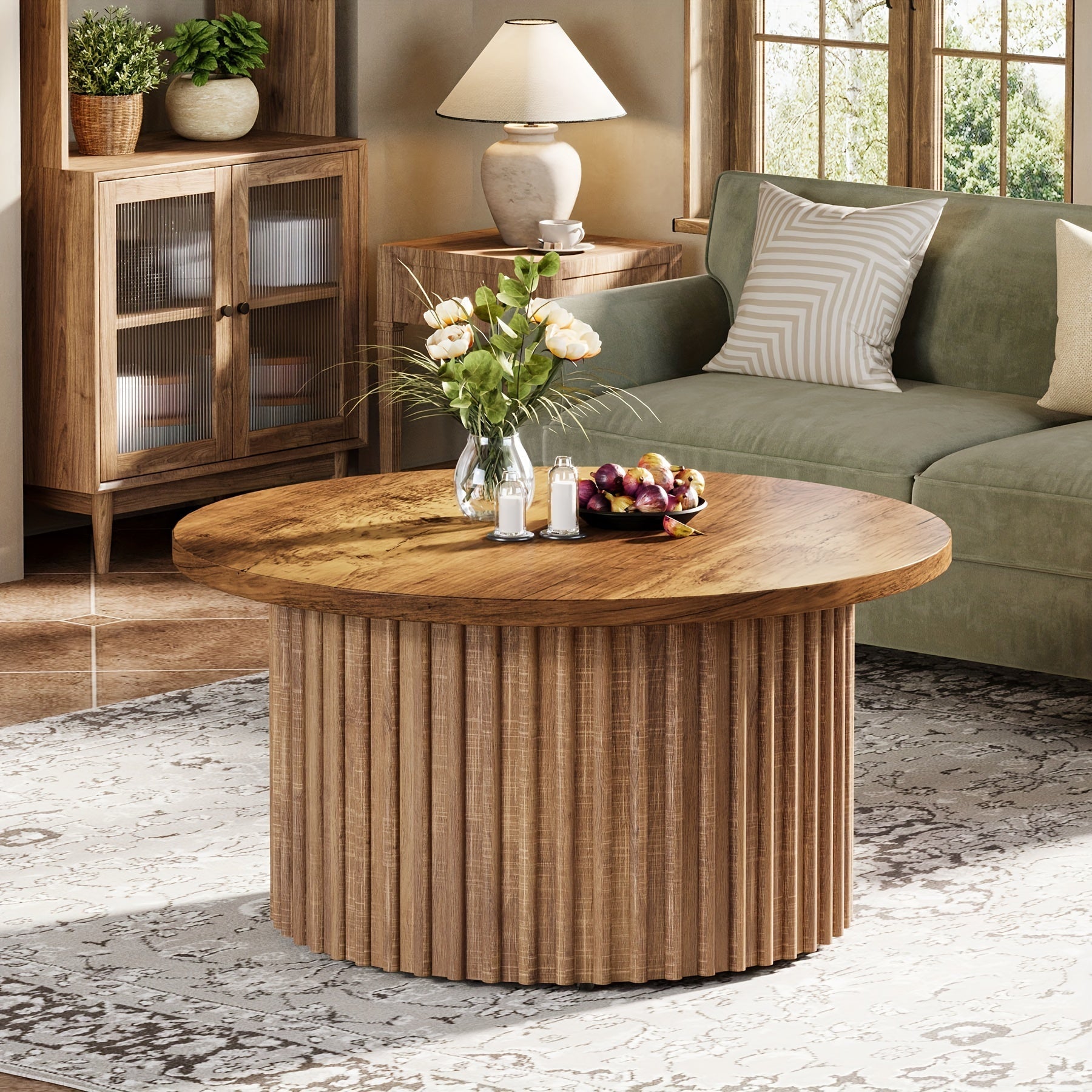 81cm Round Coffee Table, Farmhouse Circle Coffee Table, Modern Wood Accent Center Table Sofa Side Table With Metal Base, For Living Room, Home Office