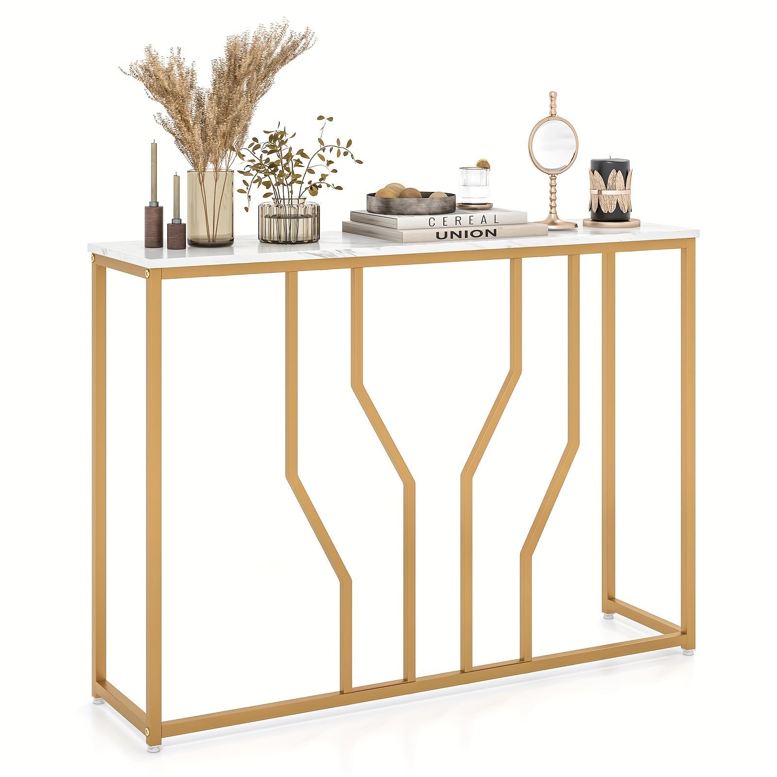 1pc 112cm Golden Console Table with Faux Marble Tabletop and Golden Metal Frame for Entrance