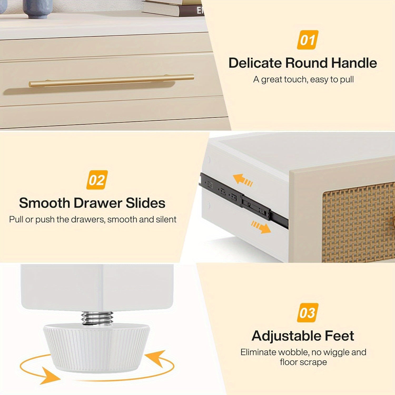 6 Drawer Dresser, Modern Rattan Dresser for Bedroom, 55 Inches Long Double Dresser Wood Storage Organizer Chest of Drawers s for Closet Living Room, White and Brown