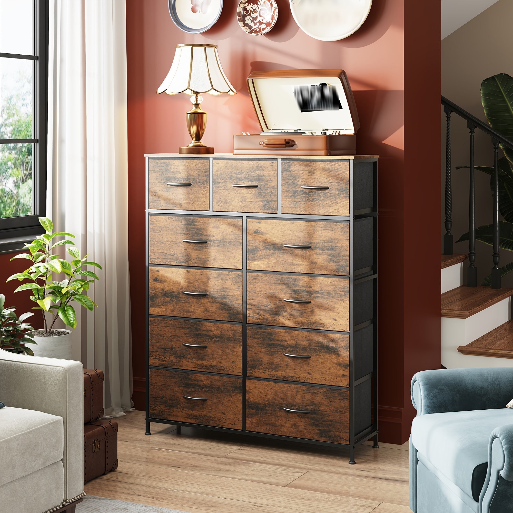 Tall Dresser for Bedroom, Fabric Dresser Storage Tower, Dresser & Chest of Drawers Organizer Unit with 11 Drawers, Storage Cabinet, Hallway, Closets, Steel Frame, Wood Top