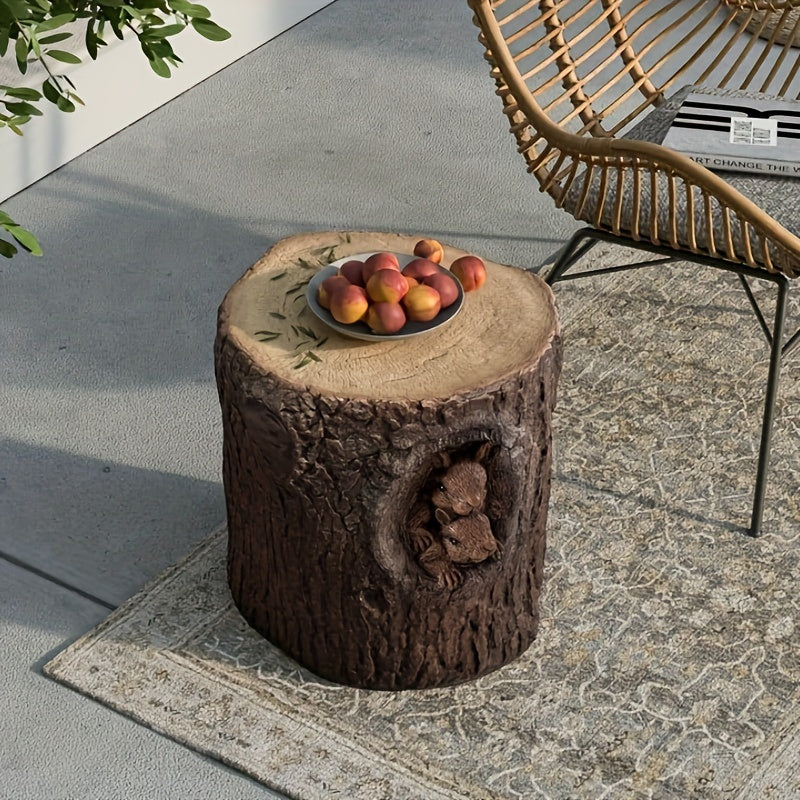 Concrete Side Table, Outdoor Side Table for Patio, 14" Squirrel Accent Table Patio Side Table End Table, Ceramic Side Table Garden Stool Log Table in Brown