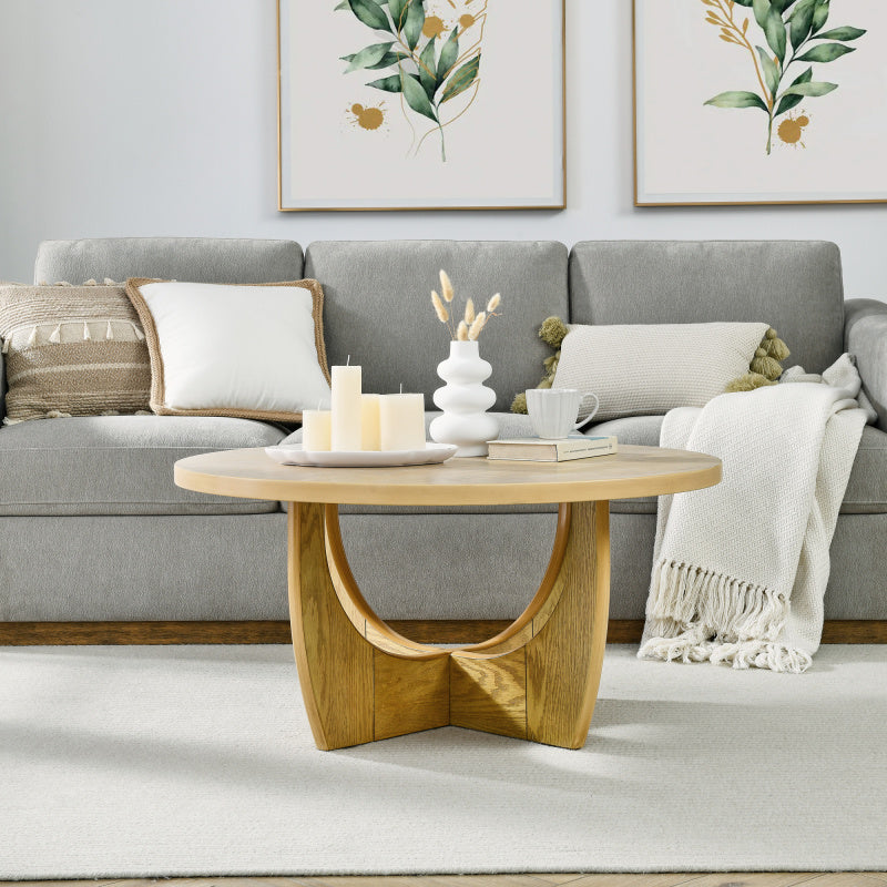 Elegant 91cm Round Oak Wood Coffee Table - Mid-Century Modern Design with Curved Legs, High Load Capacity for Living Room, Bedroom, or Reception Area