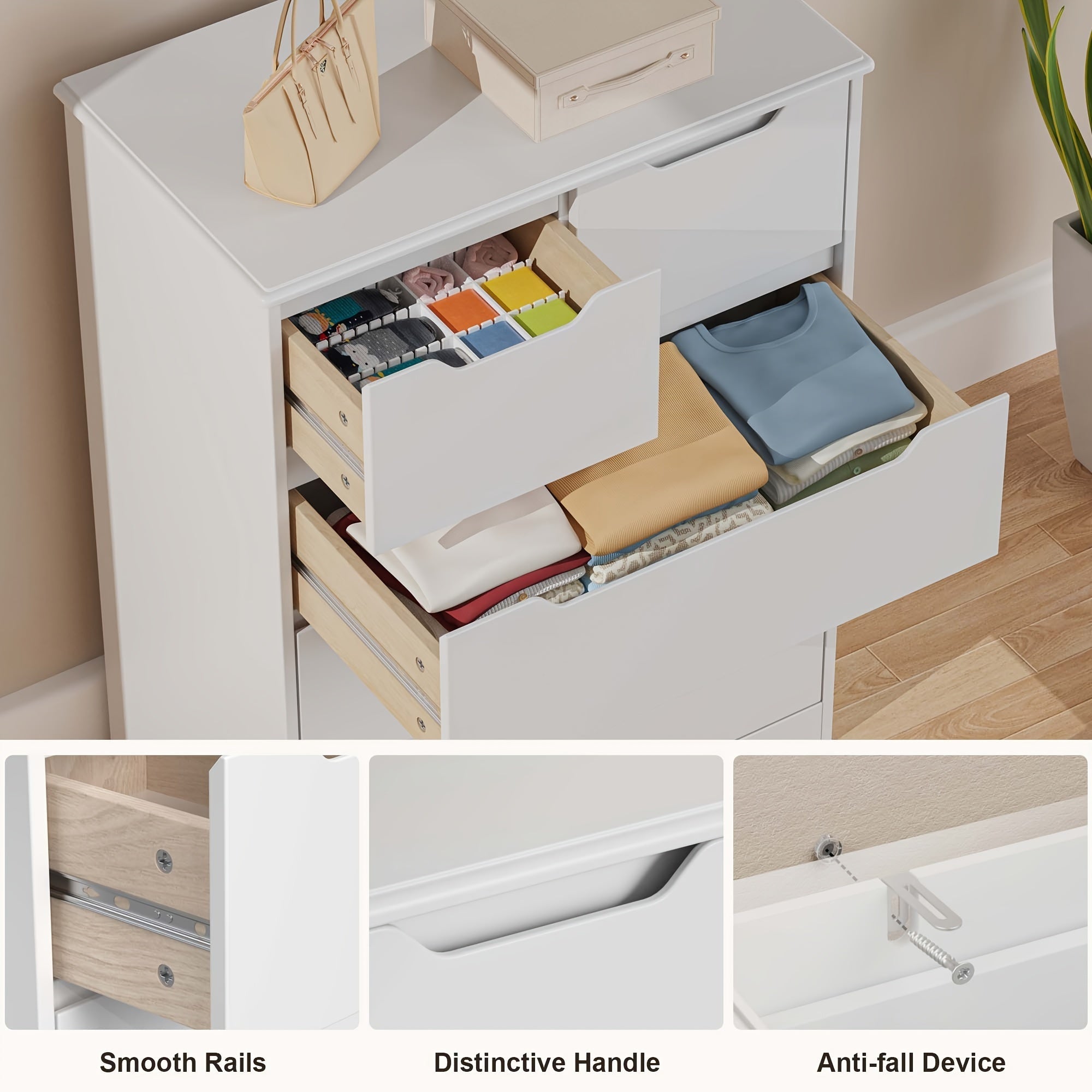 Dresser For Bedroom, 3 Drawers Dresser, 4 Chest Of Drawers, 5 Drawers Chest, White Dresser For Dedroom With Embedded Handle, Sturdy Anti-Tripping Device, Chest Of Drawers With Large Storage Capacity For Hallway, Office, Livin