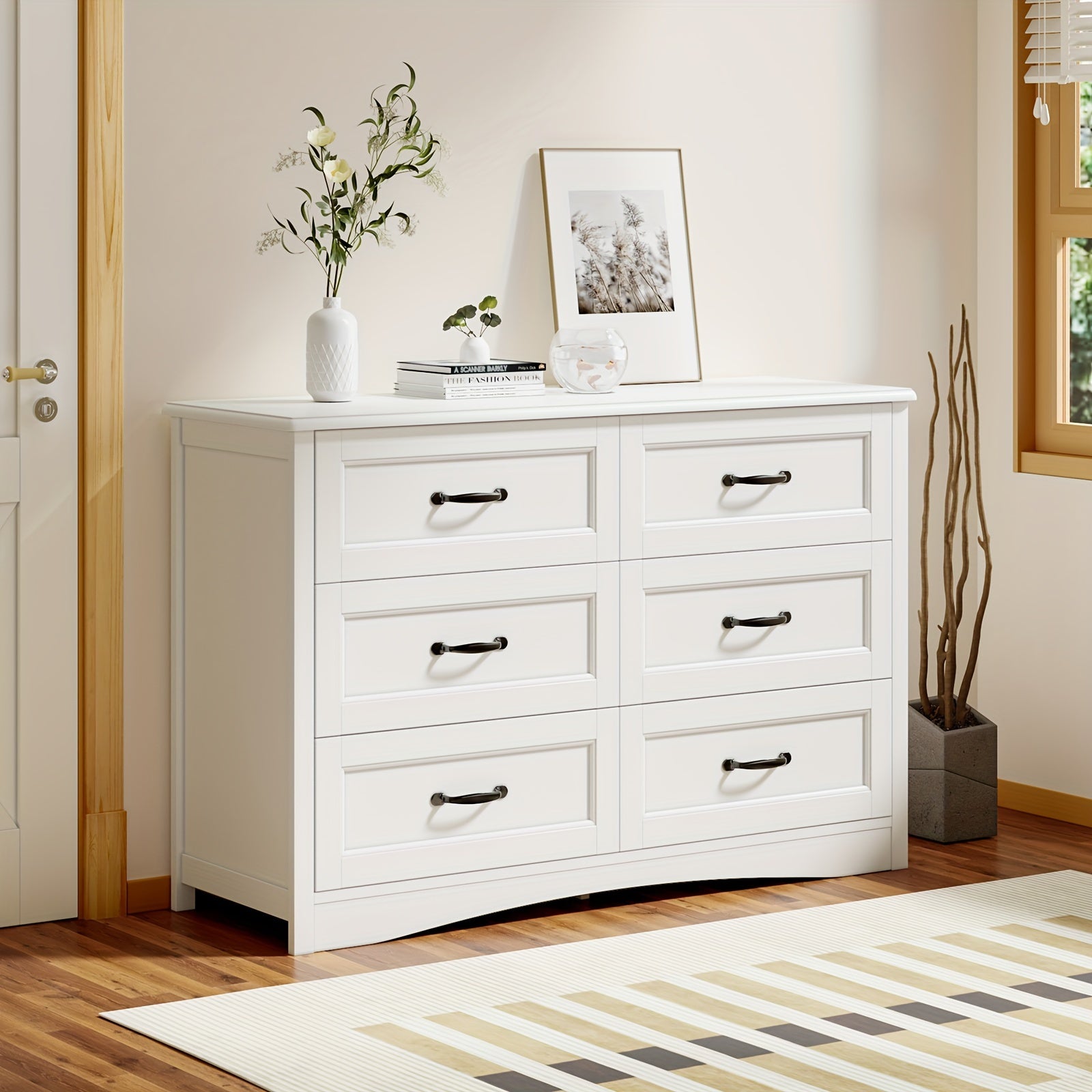 6 Drawer Dresser For Bedroom, White Dressers Chests Of Drawers With Mental Handle, Modern Wood Dresser For Cloakroom, Hallway, Entryway, White Storage Drawer Units