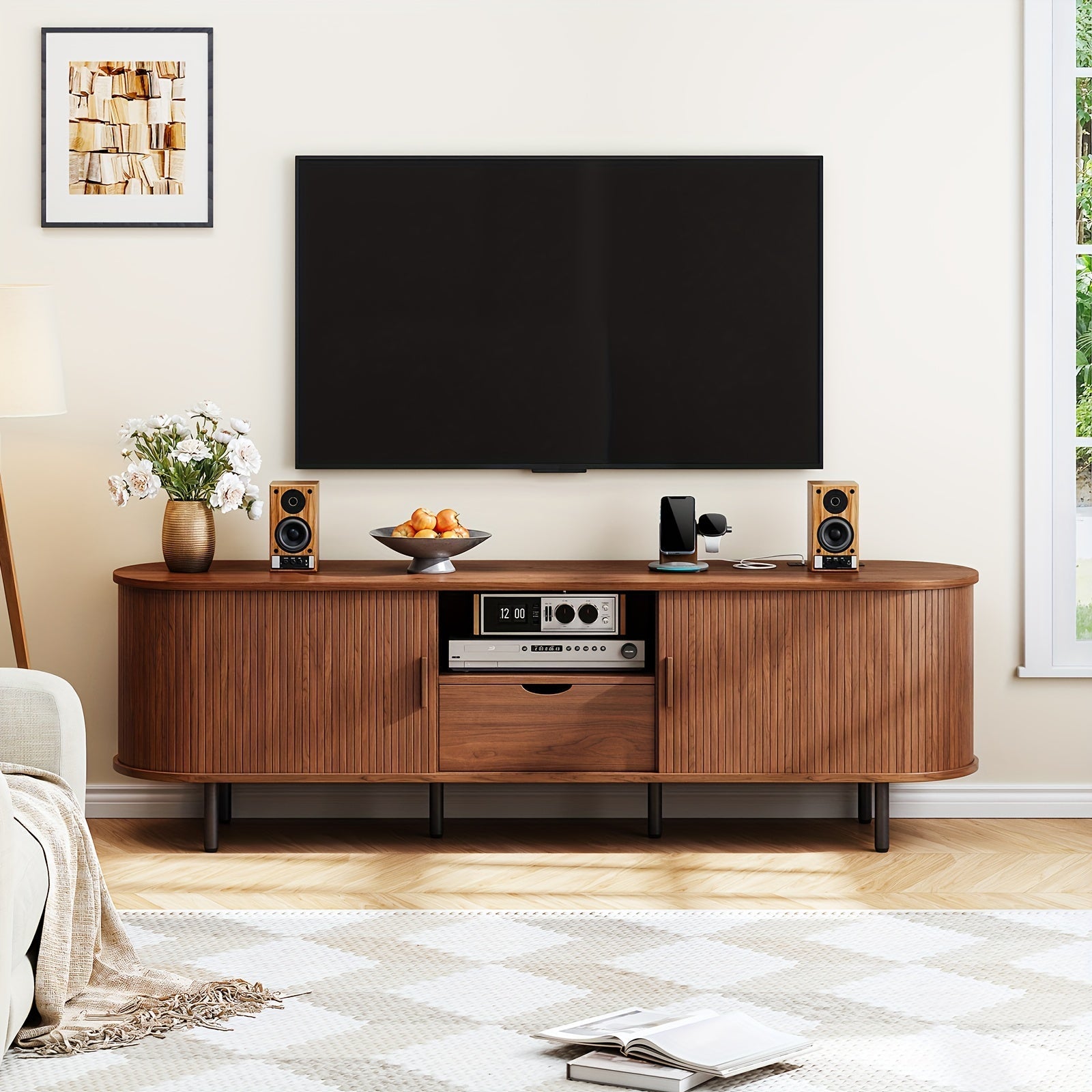 Festive 175cm Walnut TV Stand with Power Outlets - Fits TVs Up to 80", Modern Media Entertainment Center with Storage, Drawers, Adjustable Shelves & Sliding Doors - Ideal for Holiday Living Room Decor, TV Console Table