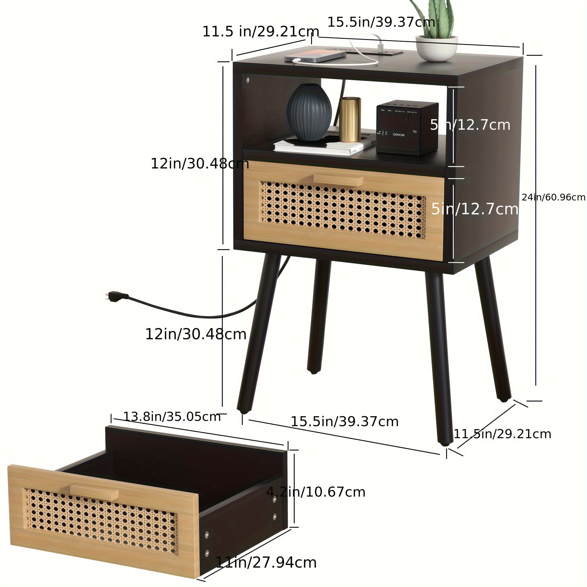 Rattan Nightstands End Side Table With Charging Station, Wooden Mid Century Modern Bedside Table With Storage Drawers For Bedroom Living Room