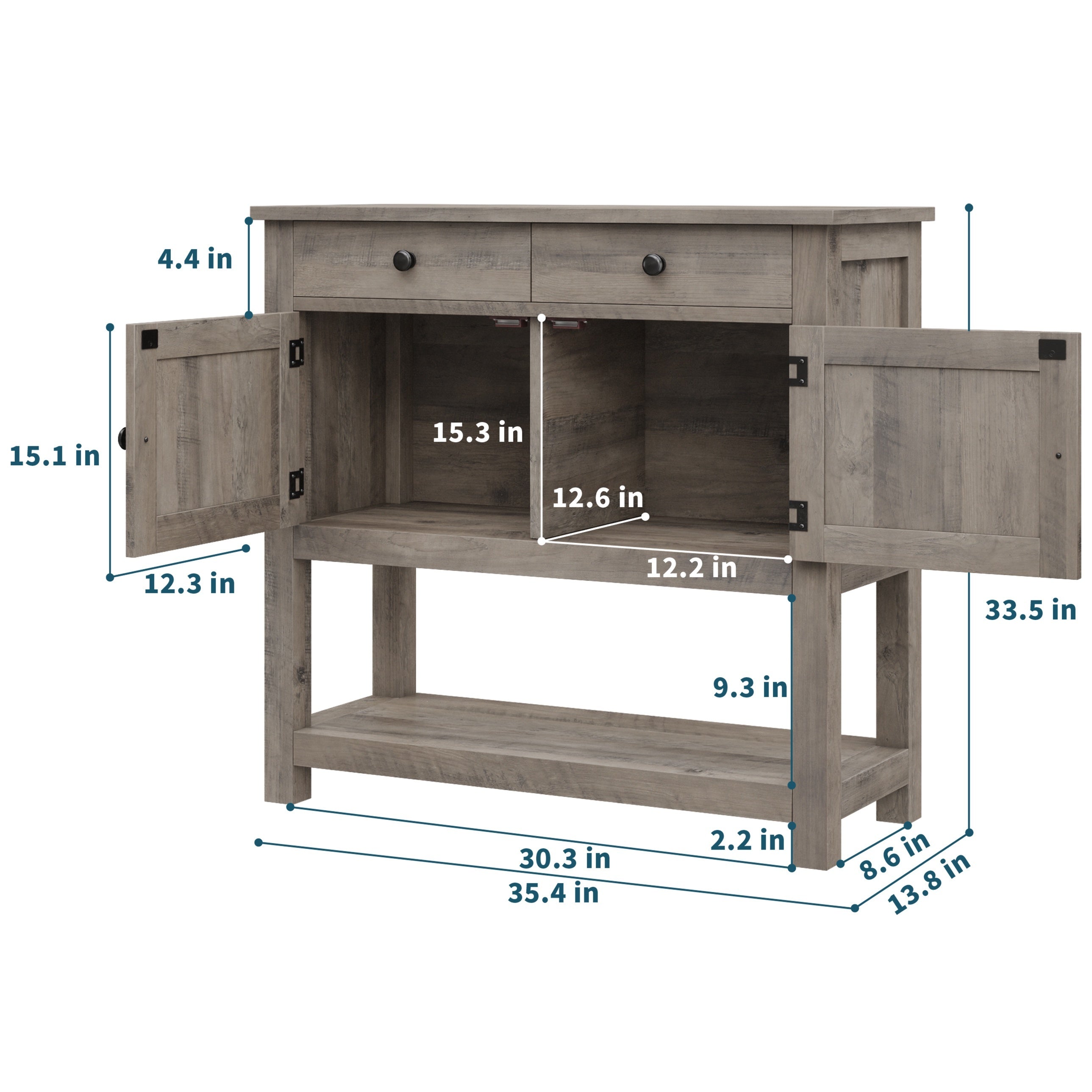 Farmhouse Console Table with 2-Door Cabinet & 2 Drawers, Coffee Bar, Entryway Table with Storage Shelf, Sofa Table Buffet Sideboard for Kitchen, Hallway, Entryway, Dining, Living Room, Ash Gray, Rustic Brown, White +" (Dimensions in cm)