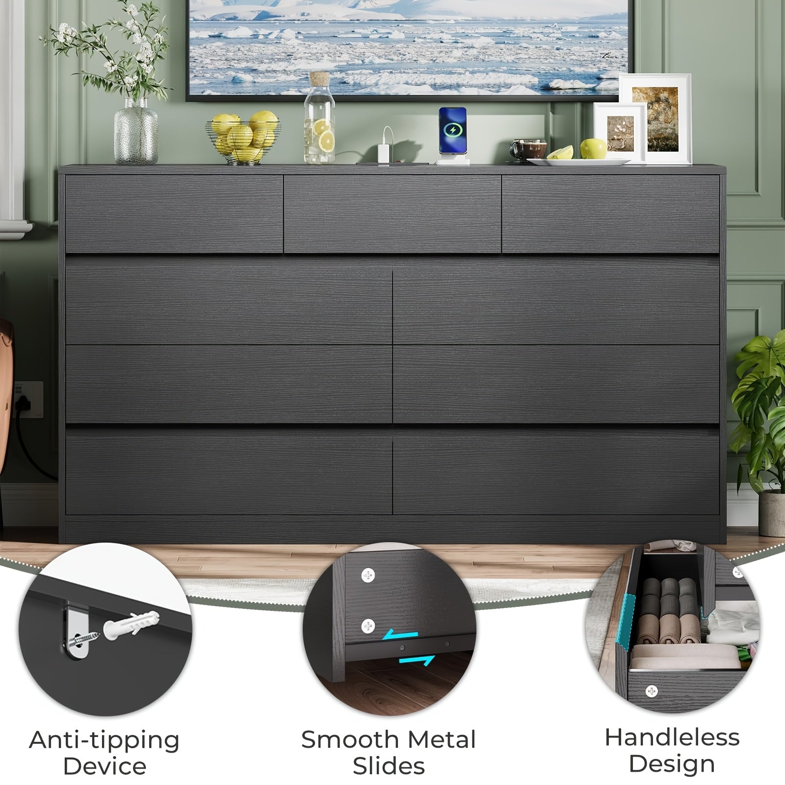 Black Vanity Dresser For Bedroom, 140cm Long Dresser With 9 Drawers, Dressers & Chest Of Drawers, Handle Free Drawers For Bedroom Living Room, Black