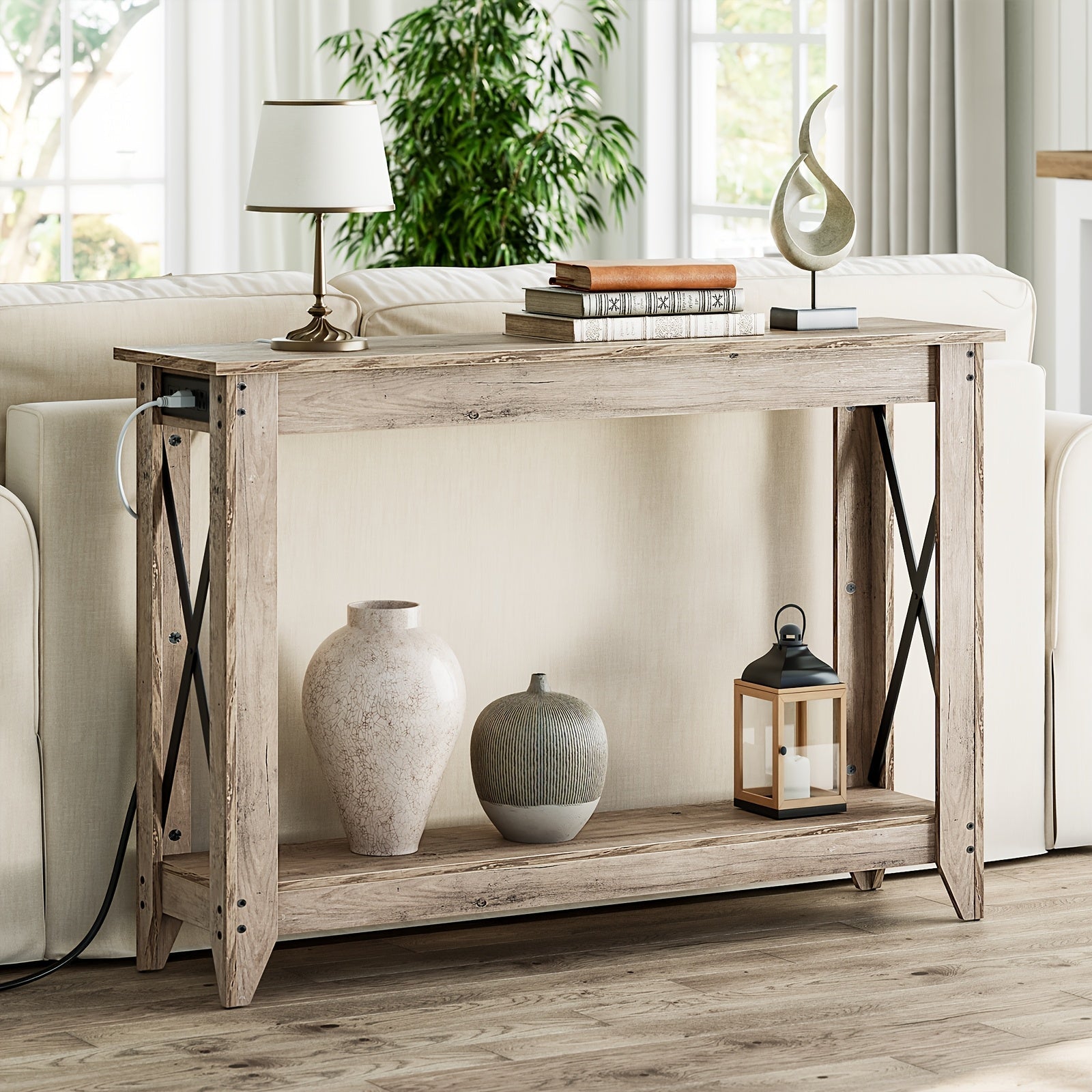 Rustic 120 cm Narrow Console Table with Built-In Power Outlet - Dual Tier Entryway Sofa Table for Foyer, Hallway & Living Room