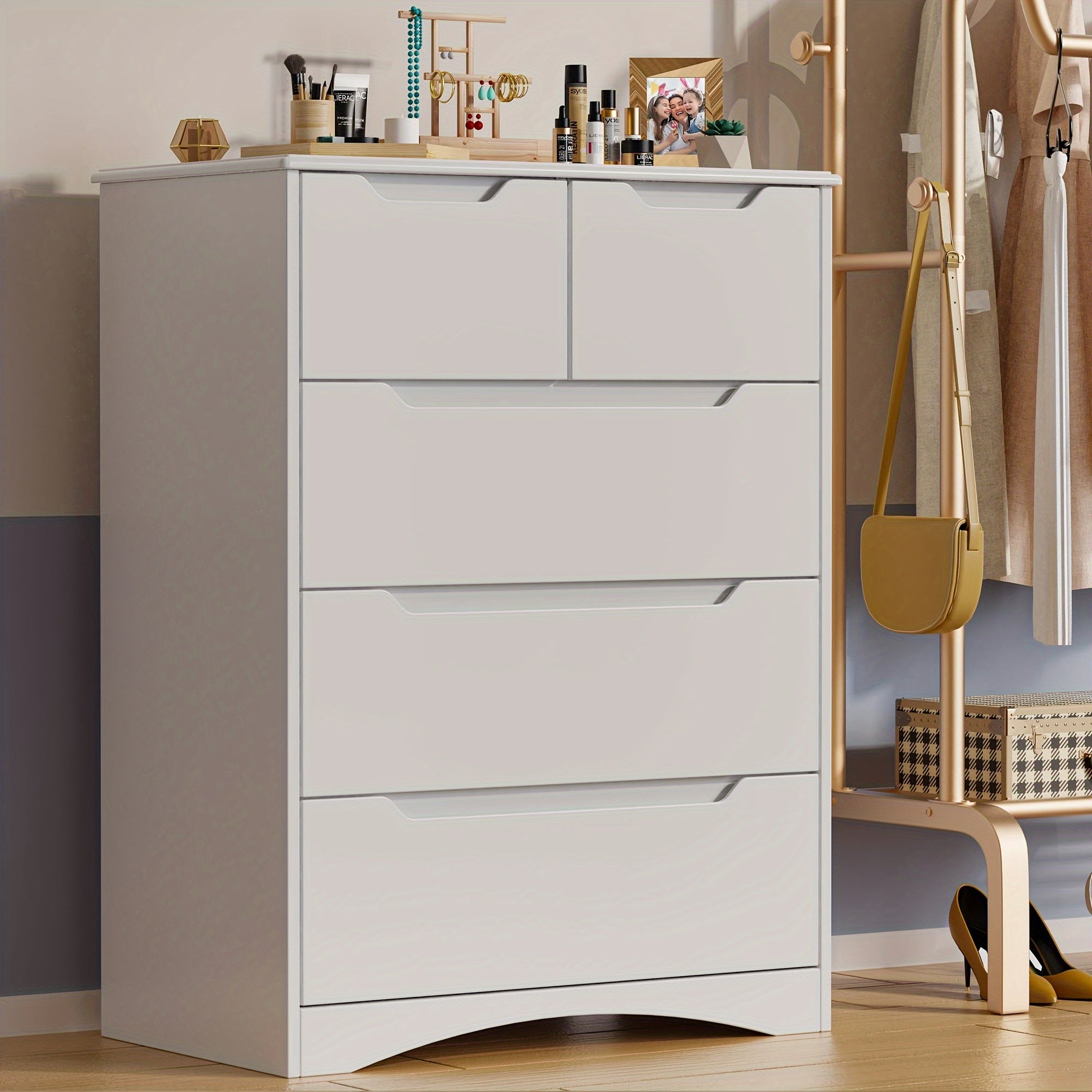 Dresser For Bedroom, 3 Drawers Dresser, 4 Chest Of Drawers, 5 Drawers Chest, White Dresser For Dedroom With Embedded Handle, Sturdy Anti-Tripping Device, Chest Of Drawers With Large Storage Capacity For Hallway, Office, Livin